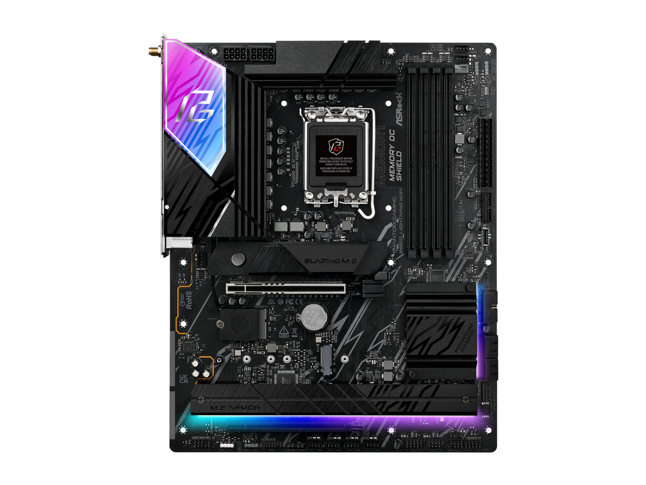 odne C LIGHTNING | B RoHS 12 i  
- - - - - - - - - - - .. I . FOO 1..  
BLAZING M.2 PECE d  
ASRock OC MEMORY SHIELD W  
NING CAME TOM 0900 I UK CA M.2 ARMOR
