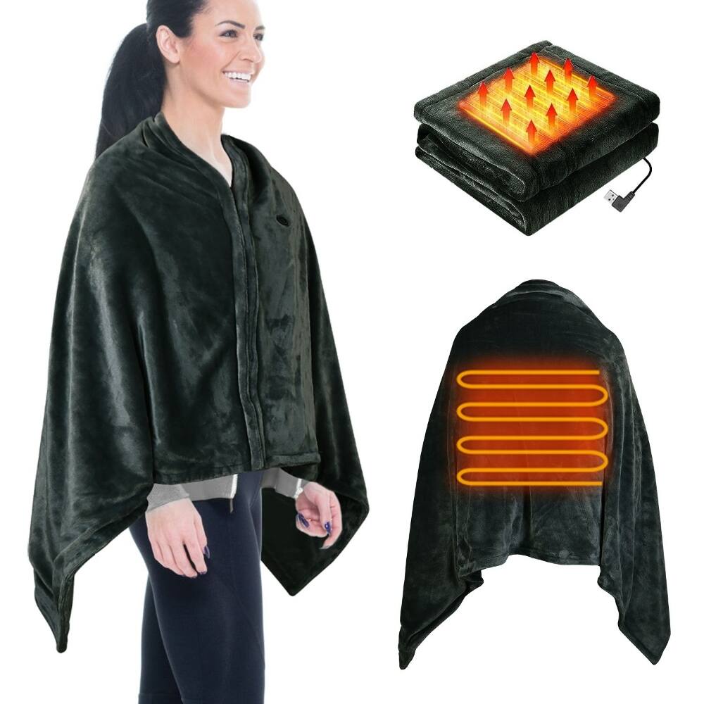 Alt View 6. Loheer - Loheer Wearable Heated Poncho with Zipper USB Blanket 59x31in - Grey.