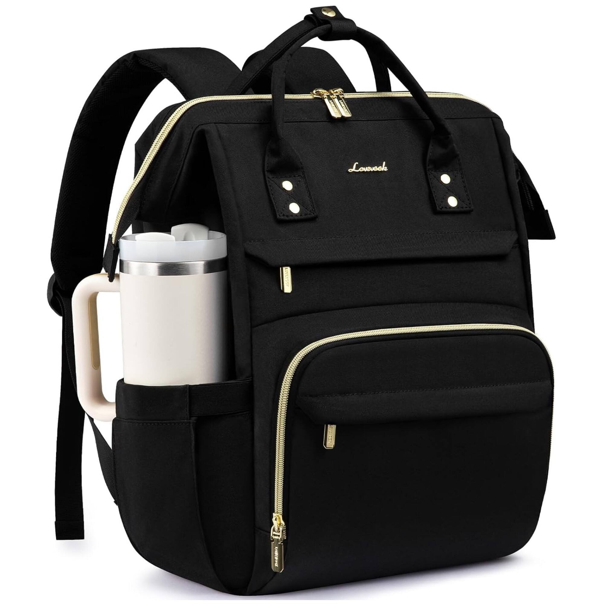 Front. LOVEVOOK - LOVEVOOK Laptop Backpack for Women with Giant Tumbler Holder Pocket, Waterproof Travel Computer Laptop Bag, Black - Black.
