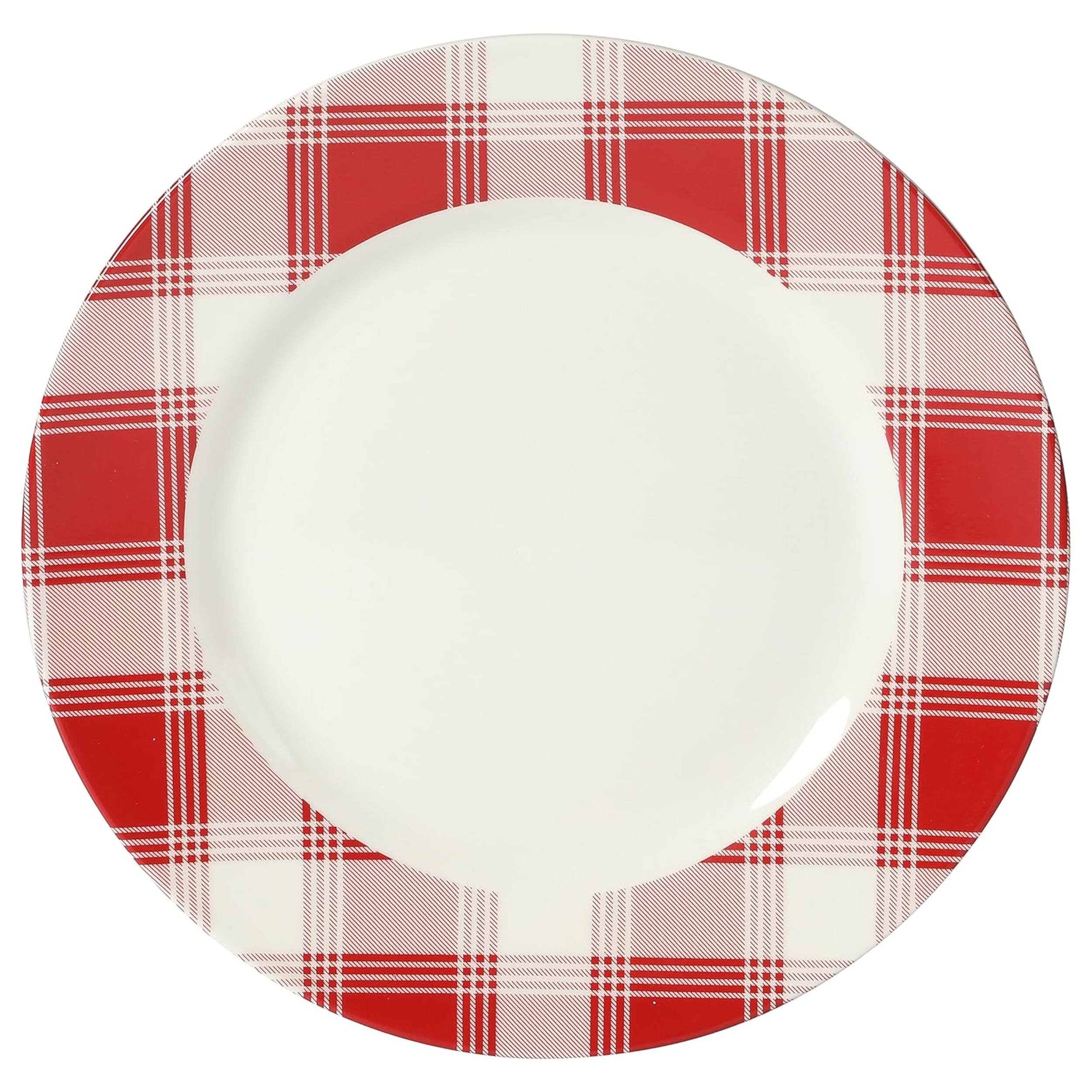 Alt View 2. Martha Stewart - Martha Stewart 12 Piece Plaid Decorated Round Stoneware Dinnerware Set in Red and White - Red and White.