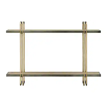 Front. Danya B - Two-Tier Gold and Washed Oak Bracket Wall Shelf - Gold, Brown.