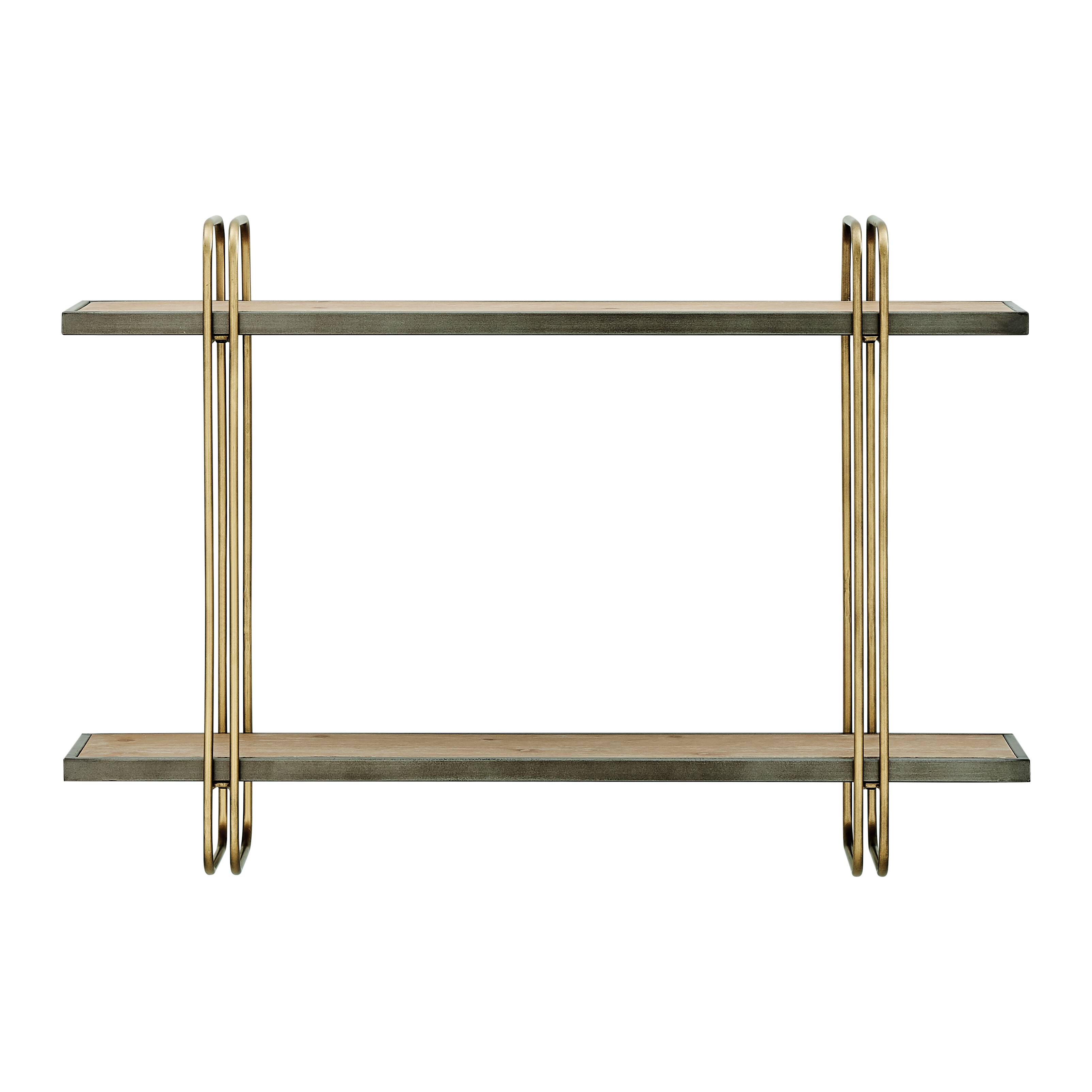 Front. Danya B - Two-Tier Gold and Washed Oak Bracket Wall Shelf - Gold, Brown.