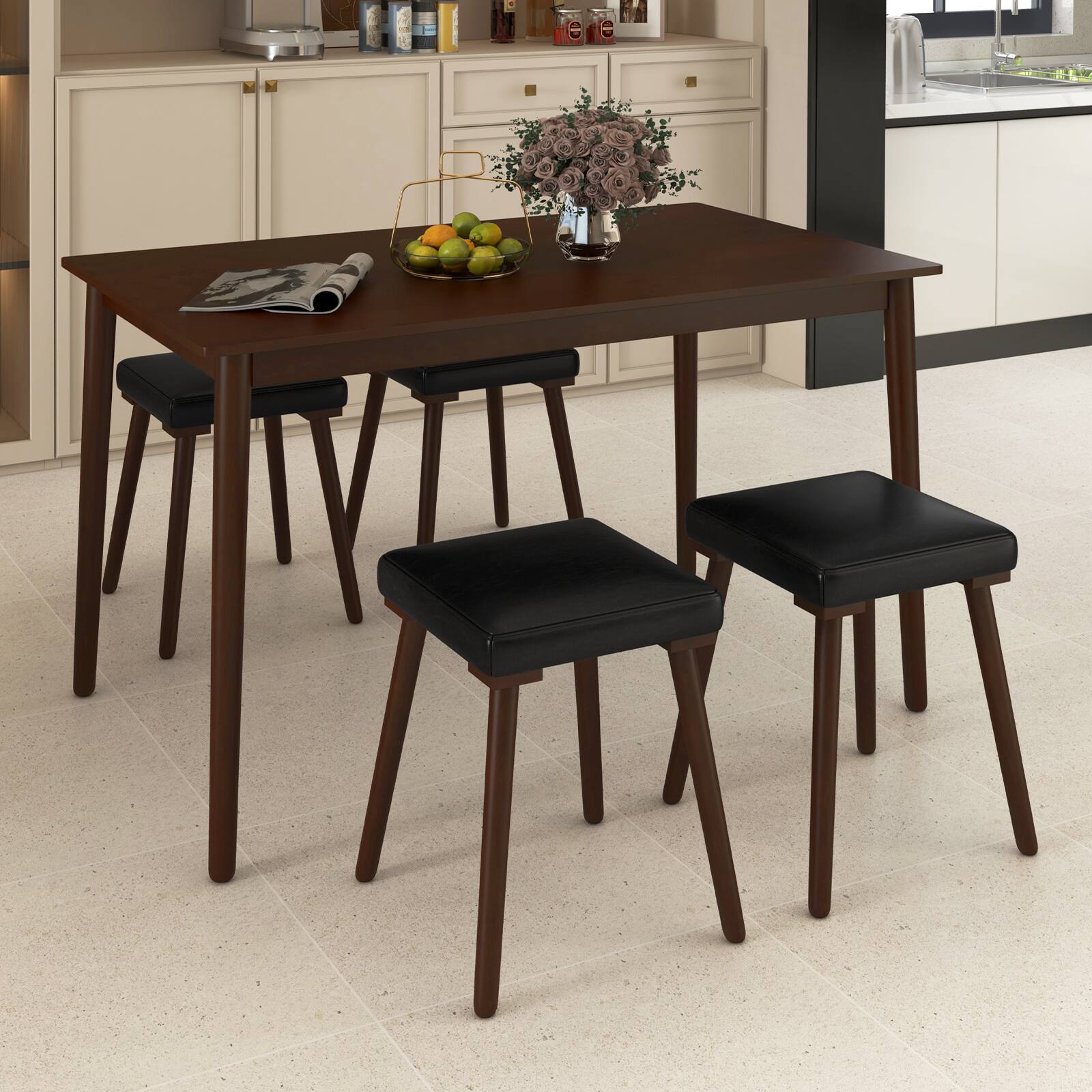 Angle. SlickBlue - 5 Piece Dining Table Set for 4 with Upholstered Stools and Rubber Wood Legs - Brown.
