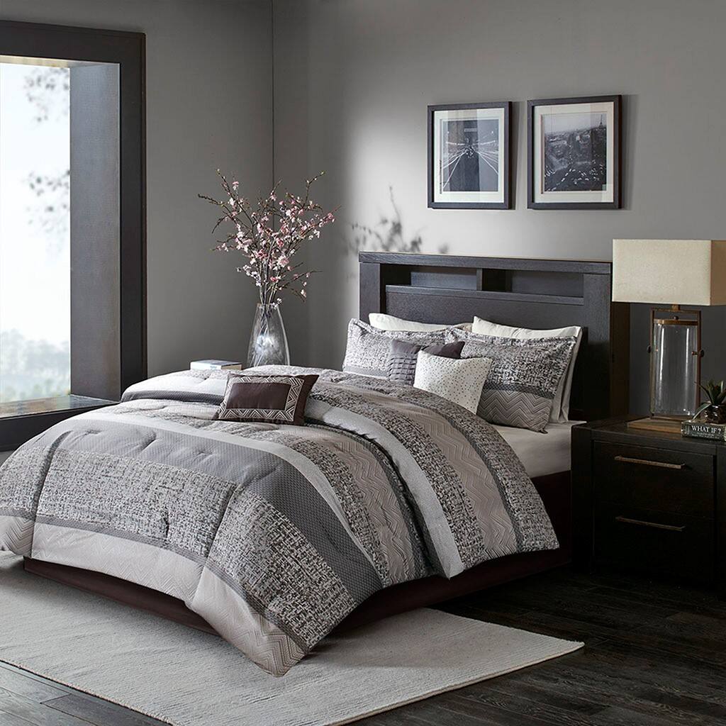 Alt View 1. Gracie Mills - Gracie Mills Hickman 7-Piece Transitional Striped Jacquard Comforter Set - Grey/Taupe.