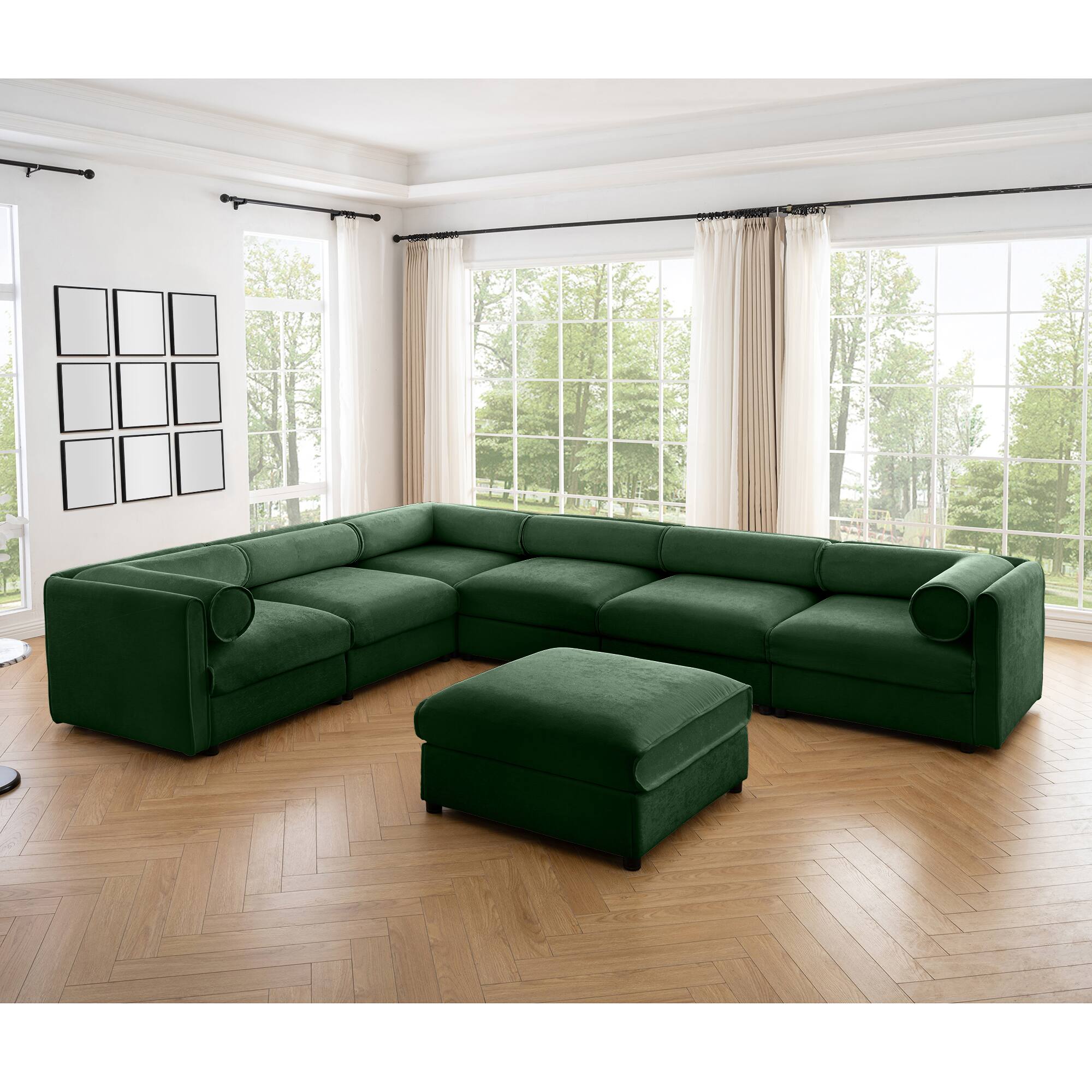 Angle. LOVMOR - Modular Storage Ottoman Cylindrical Support Chenille Sectional Couch For Living Room Plush Cozy Lounge Home TV - Green.