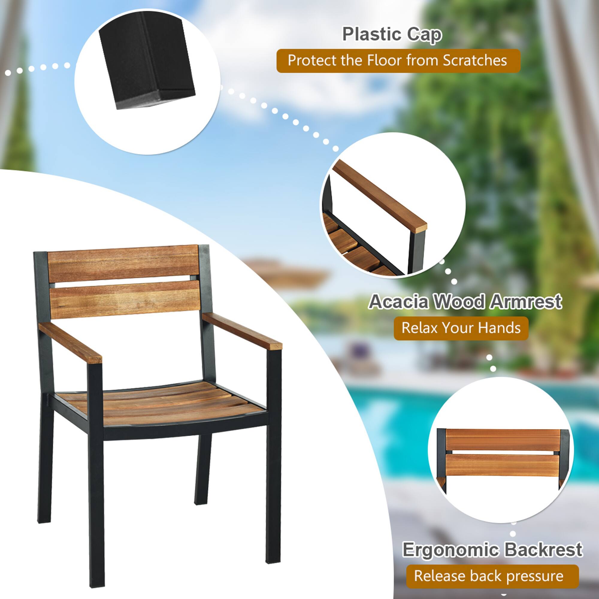 Plastic Cap, Acacia Wood Armrest, Ergonomic Backrest