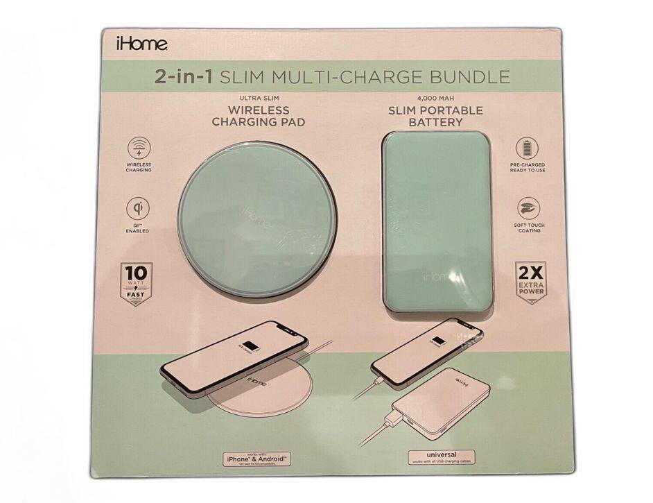 iHome 2-in-1 SLIM MULTI-CHARGE BUNDLE  
ULTRA SLIM WIRELESS CHARGING PAD  
4,000 MAH SLIM PORTABLE BATTERY  
WIRELESS CHARGING  
QI ENABLED  
10 WATT FAST  
2X EXTRA POWER  
PRE-CHARGED READY TO USE  
SOFT TOUCH COATING  
iPhone & Android  
Universal