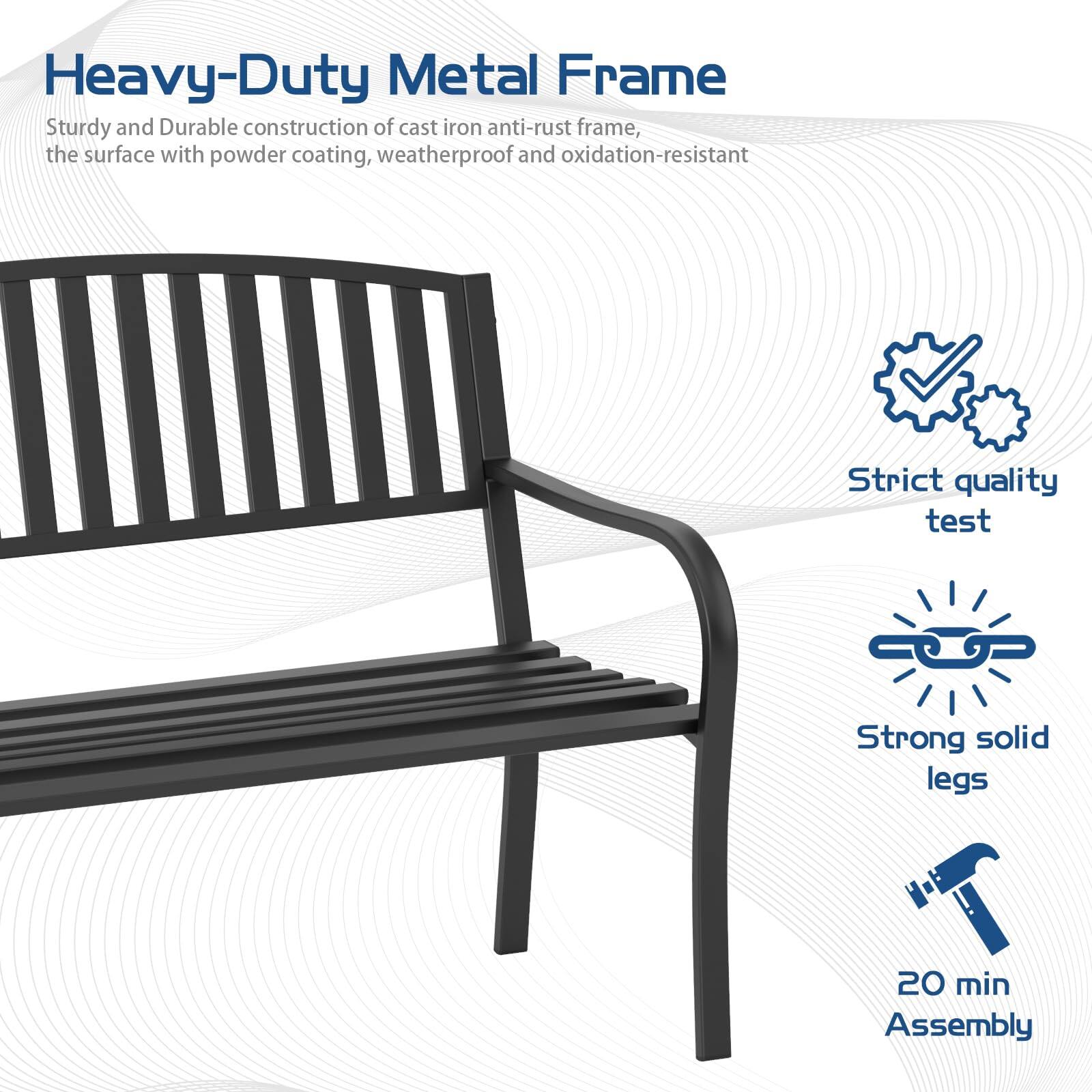 Heavy-Duty Metal Frame

Sturdy and Durable construction of cast iron anti-rust frame, the surface with powder coating, weatherproof and oxidation-resistant

- Strict quality test
- Strong solid legs
- 20 min Assembly