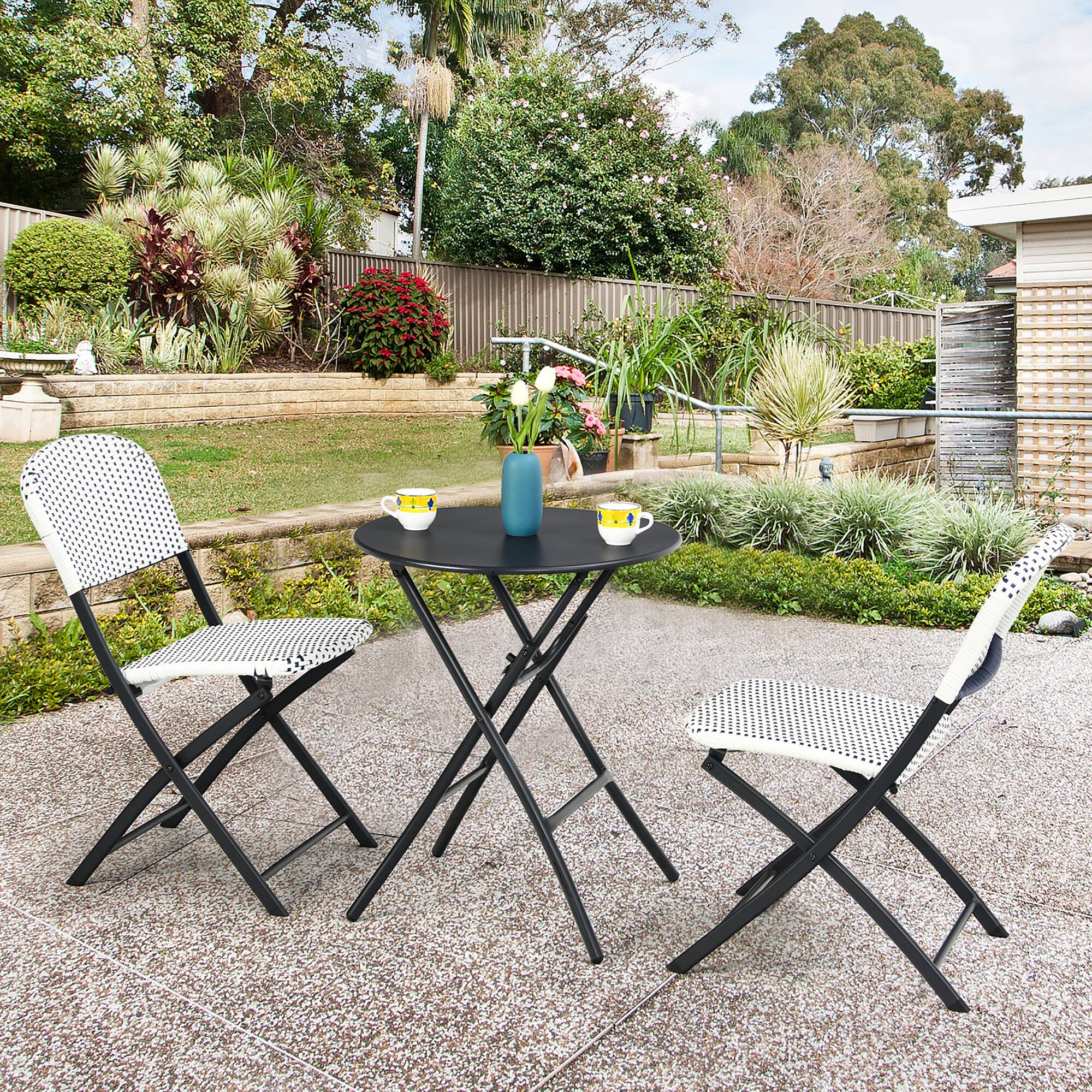 Alt View 2. Costway - Costway 3PCS Patio Rattan Bistro Set Folding Table Chairs Garden Deck - Black,White.