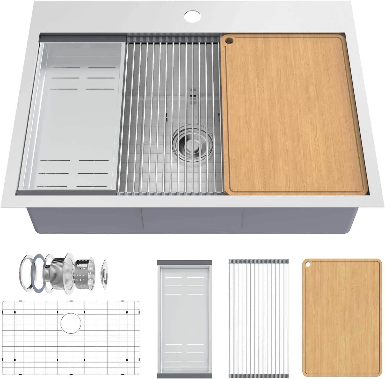 Front. Winado - 30"L x 22"W x 9"H Top Mount Kitchen Sink with Cutting Board and Drying Rack for Food Prep Area & Kitchen Dishwashing Use - Silver.