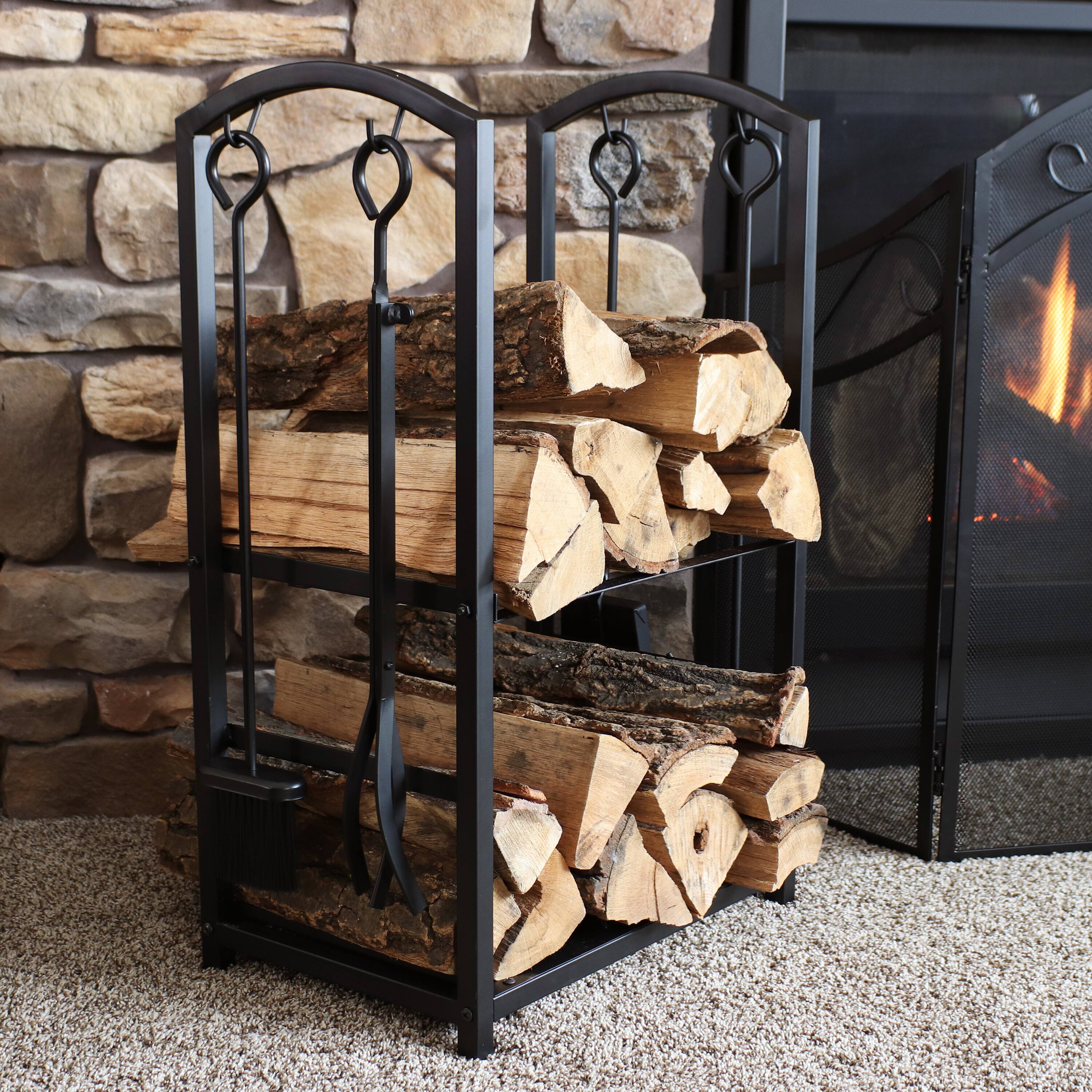 Alt View 1. Sunnydaze - 4-Piece Steel Firewood Log Rack with Fireplace Tools - Black.