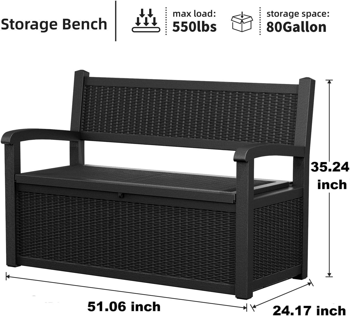 Storage Bench  
max load: 550lbs  
storage space: 80Gallon  
35.24 inch  
51.06 inch  
24.17 inch