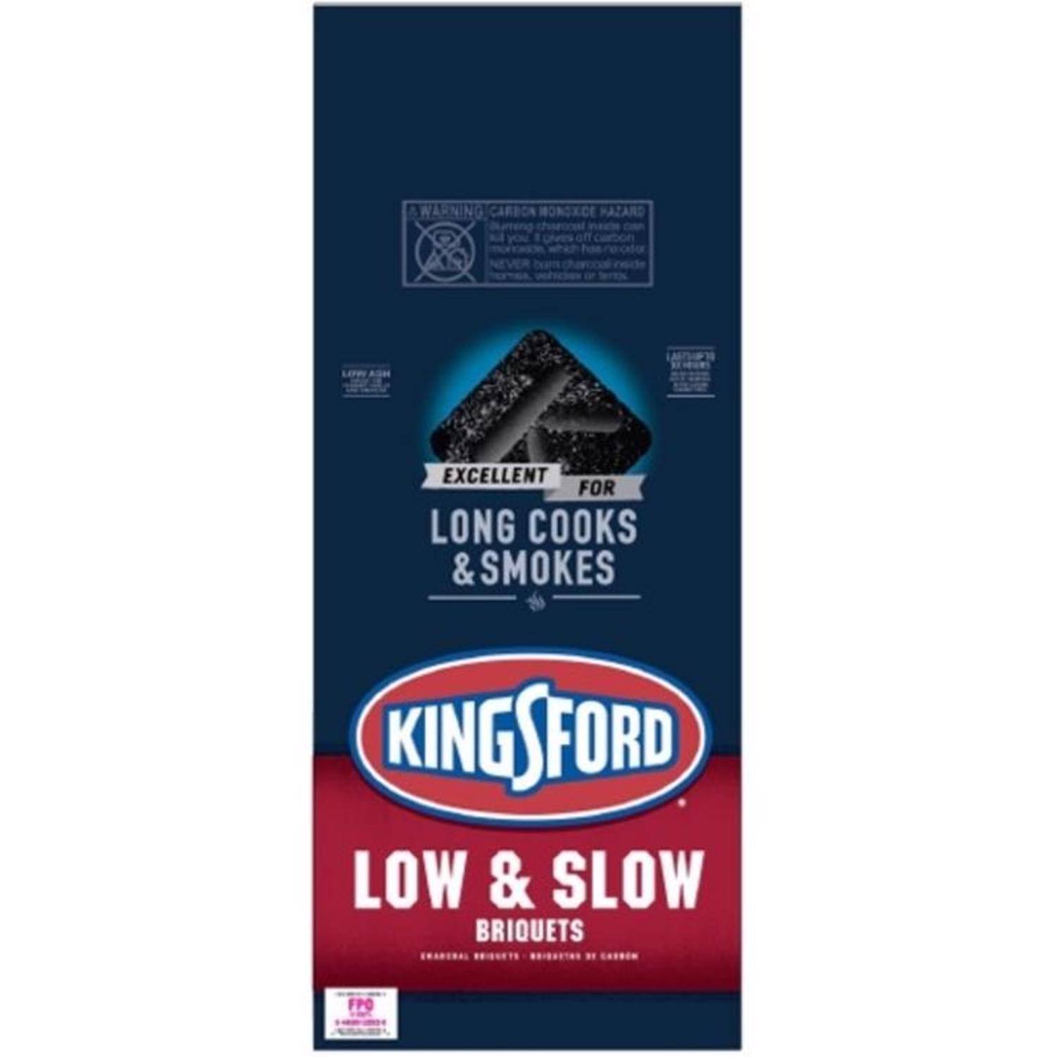 SWARRING CARBON MONOXIDE HAZARD

off his

OF

EXCELLENT FOR LONG COOKS & SMOKES

KINGSFORD LOW & SLOW BRIQUETS

KMANOMAL BRIDOVING CARBN

FPO HEREAL