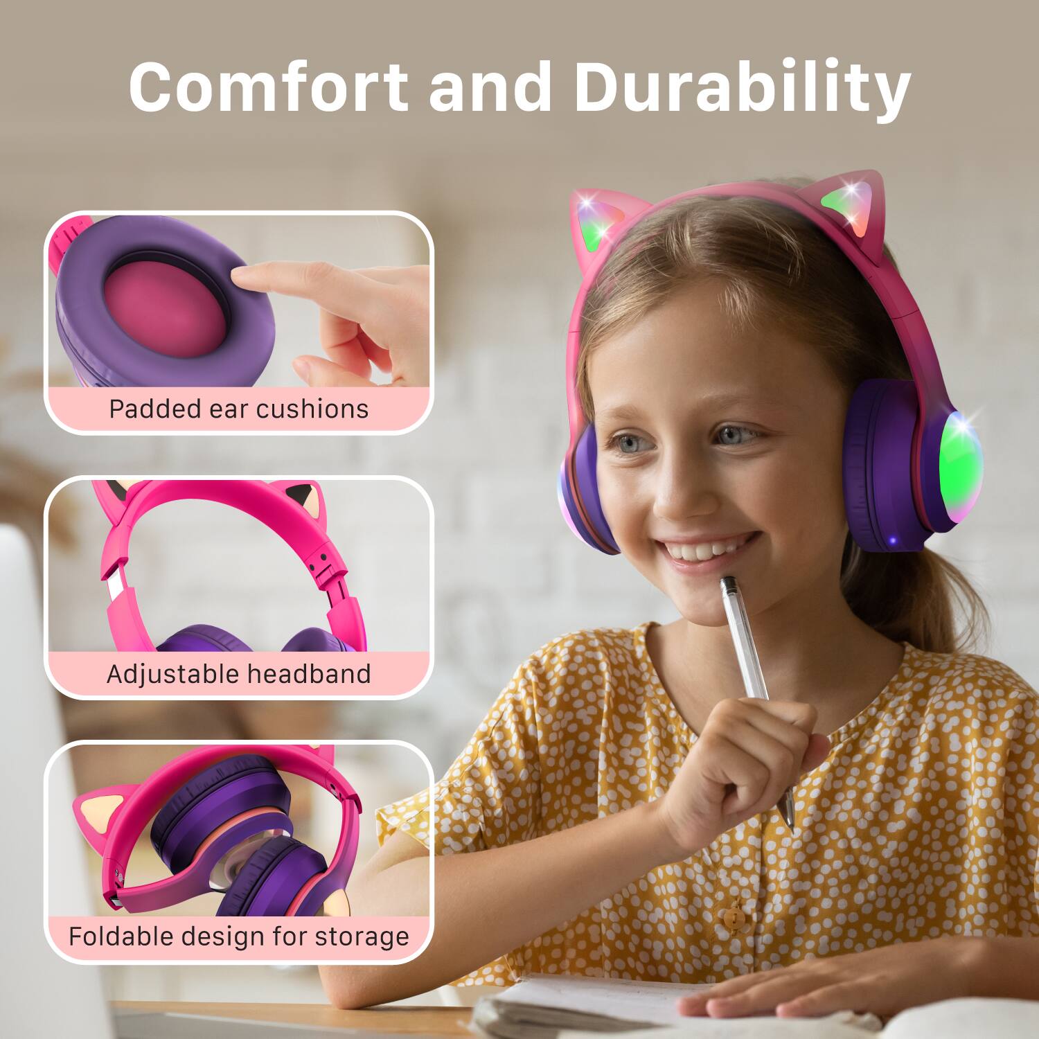 Comfort and Durability

Padded ear cushions

Adjustable headband

Foldable design for storage