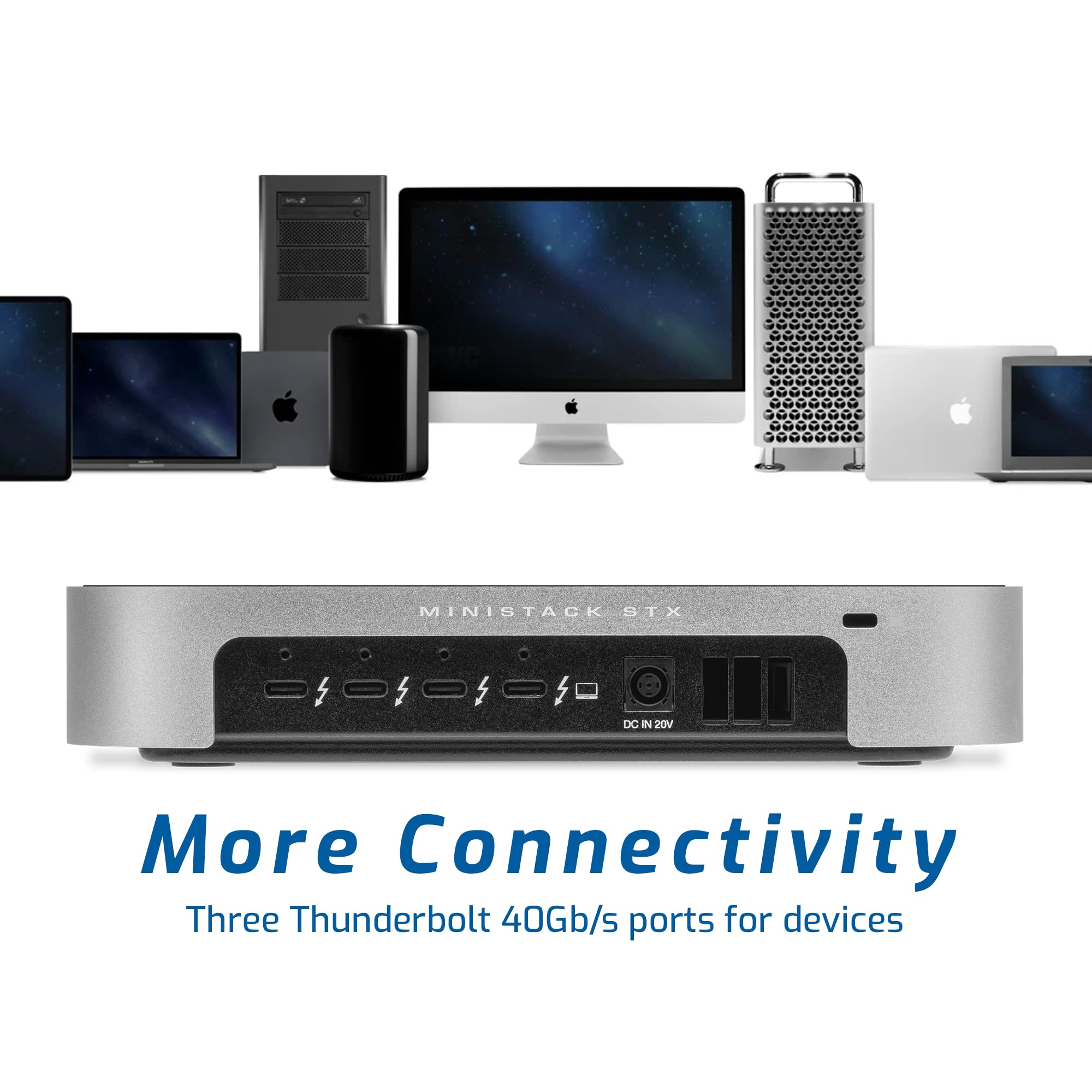 MINISTACK STX  
DC IN 20V  

More Connectivity  
Three Thunderbolt 40Gb/s ports for devices