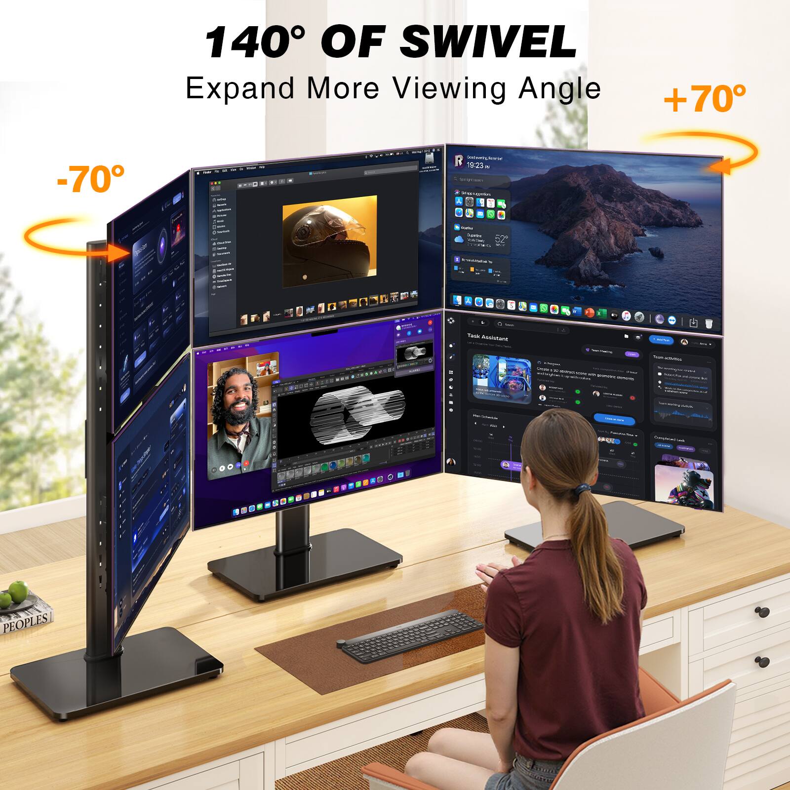140° OF SWIVEL
Expand More Viewing Angle
-70°
+70°

FIAT
Godawing Justel 19:23 N Shampression
WAY
vidas Park VOICE W 2.7
www.tabe
-
I
Task Assistant
- - a.supan CHEES - - ... - - 50%()
.. eas advitions - - - ml 2020 
~ Calories
-

Complet 
PEOPLES