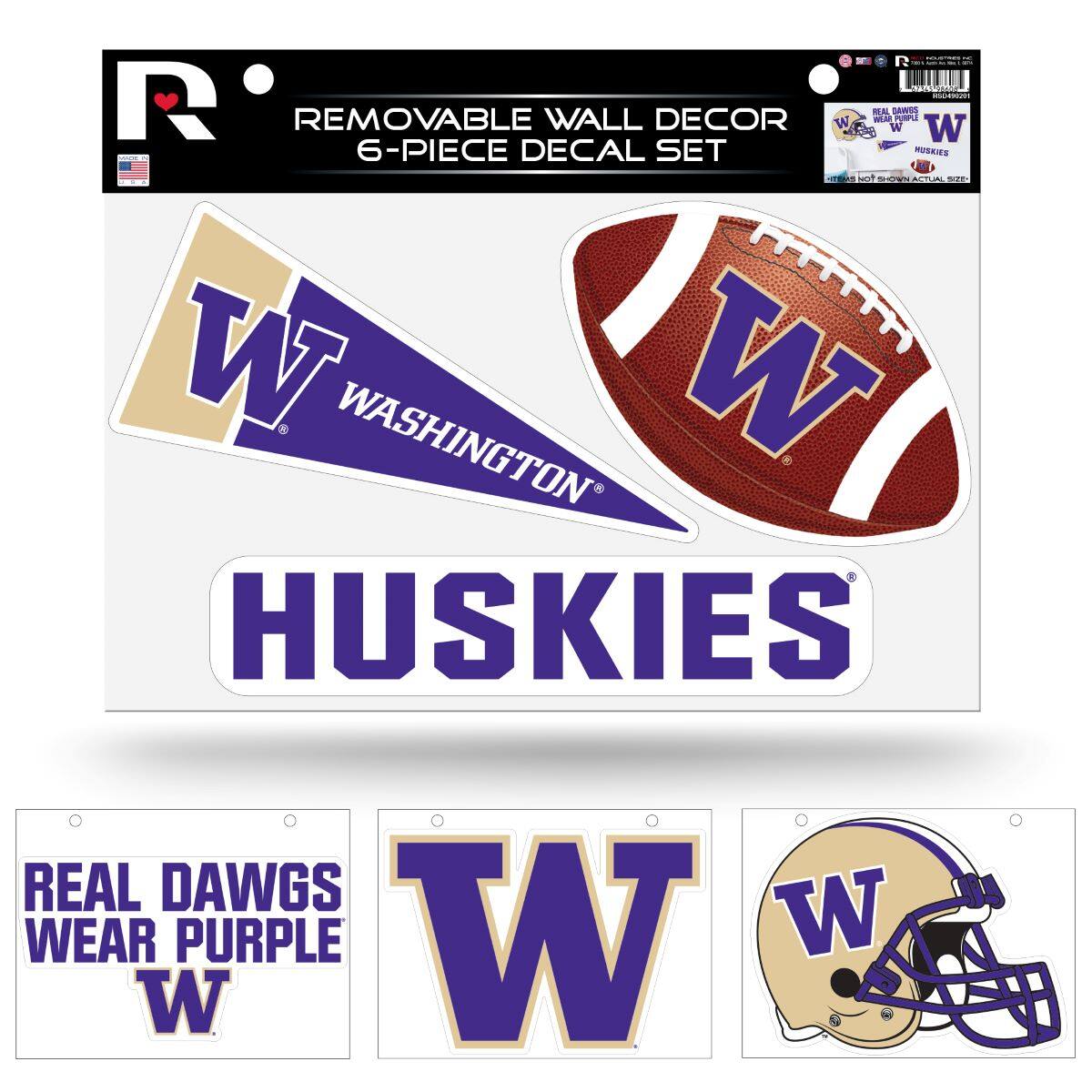 R  
REMOVABLE WALL DECOR  
6-PIECE DECAL SET  

WASHINGTON HUSKIES  

REAL DAWGS WEAR PURPLE  

W  
W  
W