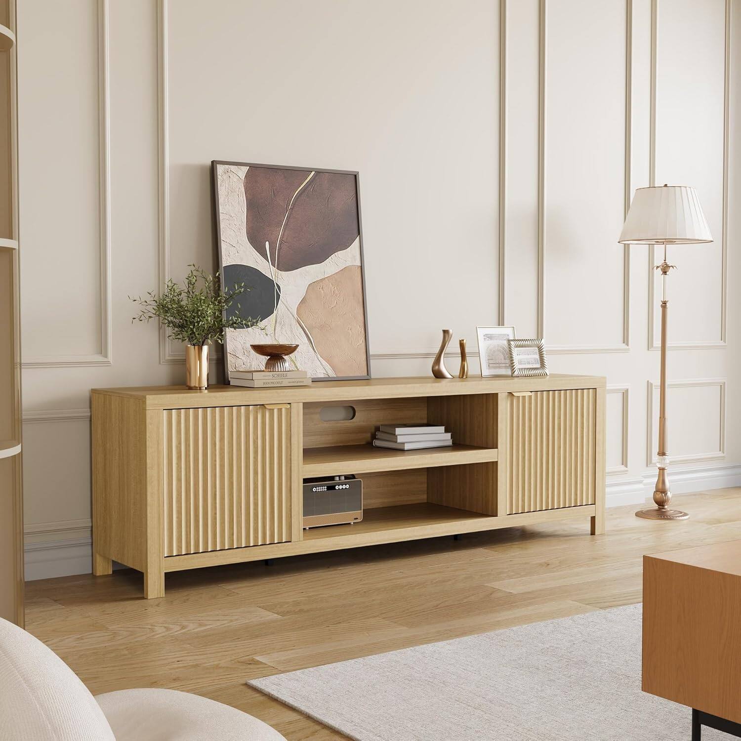 Alt View 2. Babevy - 70" Wide TV Stand with Adjustable Shelves, 2-Tier Storage Media Cabinet for Living Room - Natural.