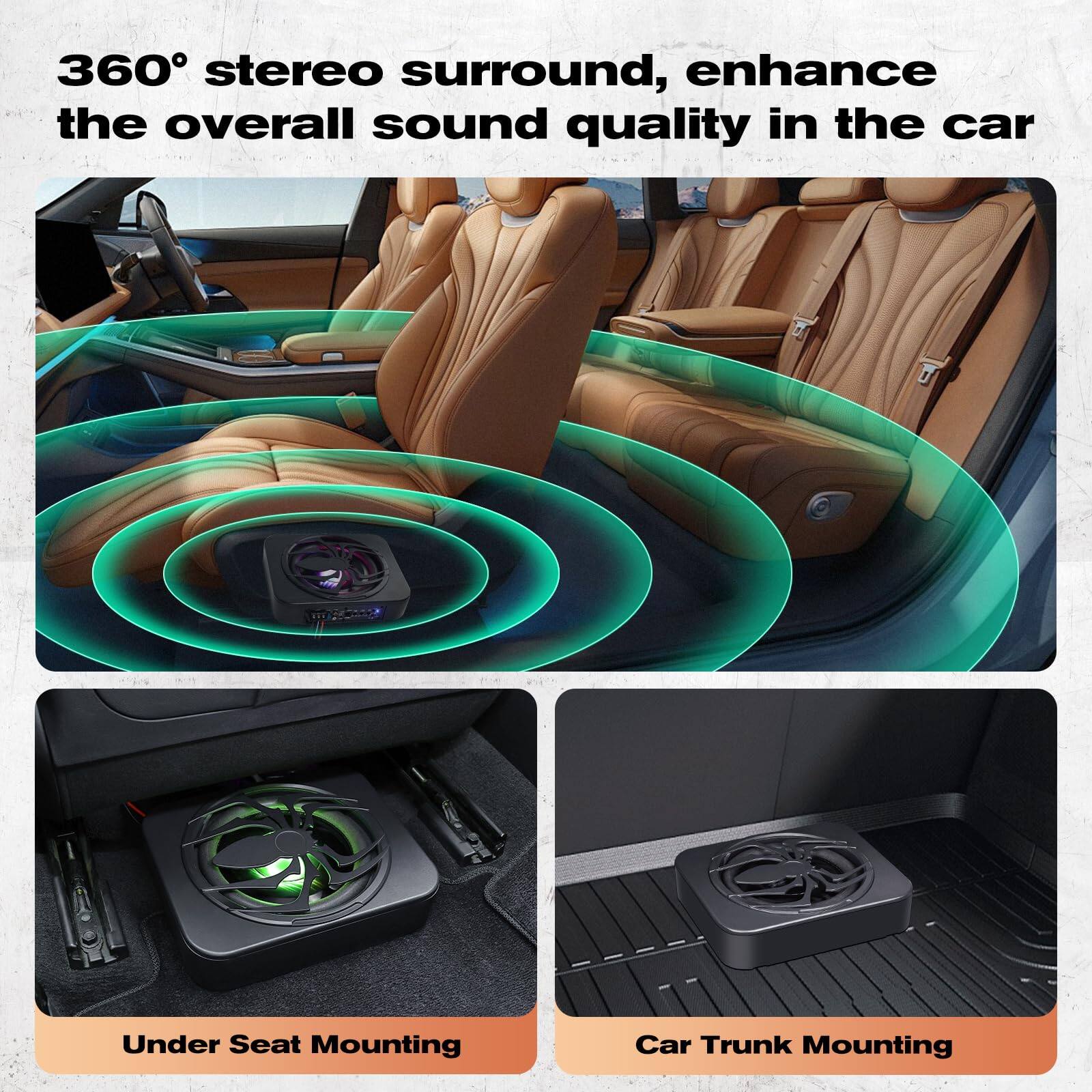 360° stereo surround, enhance the overall sound quality in the car

Under Seat Mounting

Car Trunk Mounting