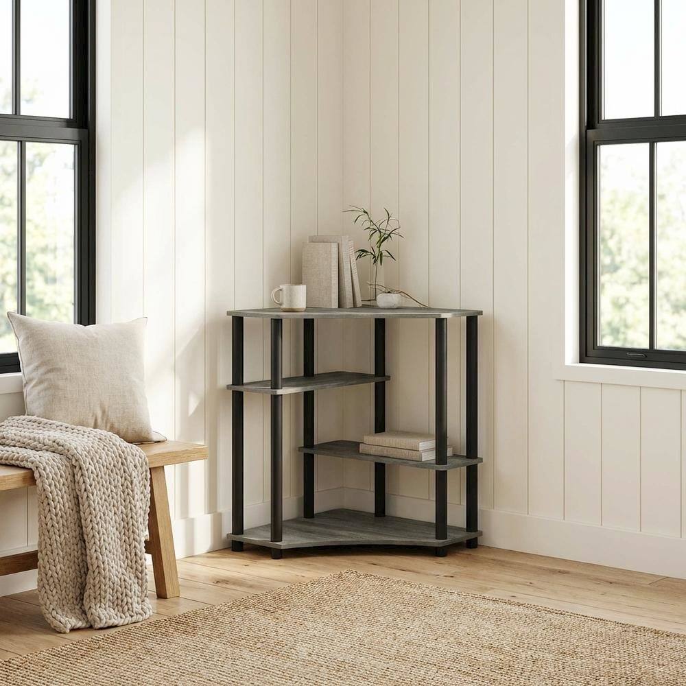 Left. BisonOffice - Gray Corner Desk With Shelves, Modern Ergonomic Design For Office Spaces - French Oak Grey/Black.