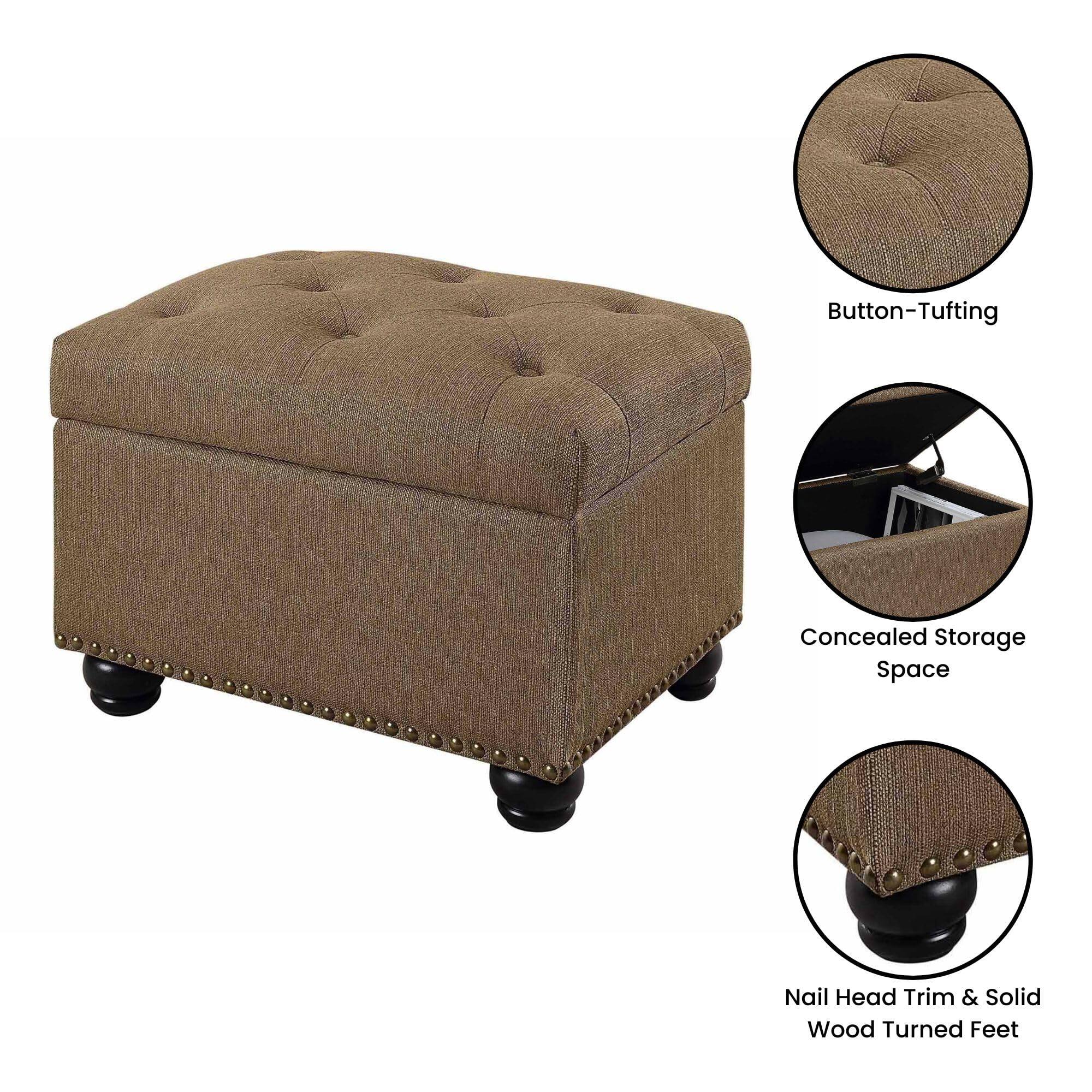 - Button-Tufting
- Concealed Storage Space
- Nail Head Trim & Solid Wood Turned Feet