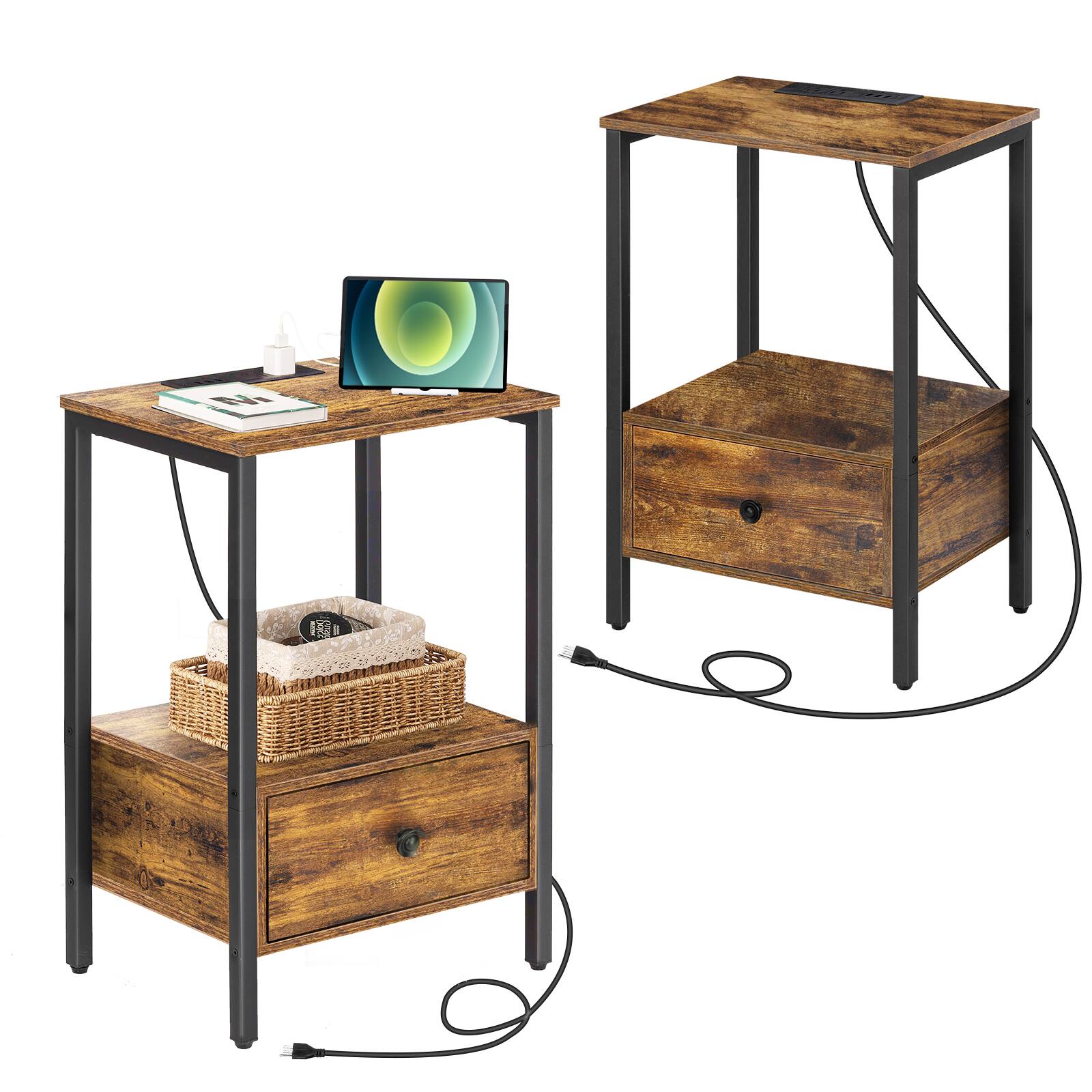 Alt View 3. Oumilen - End Table with Built-In Charging Station & Wood Drawer (Set of 2), Brown - Brown.