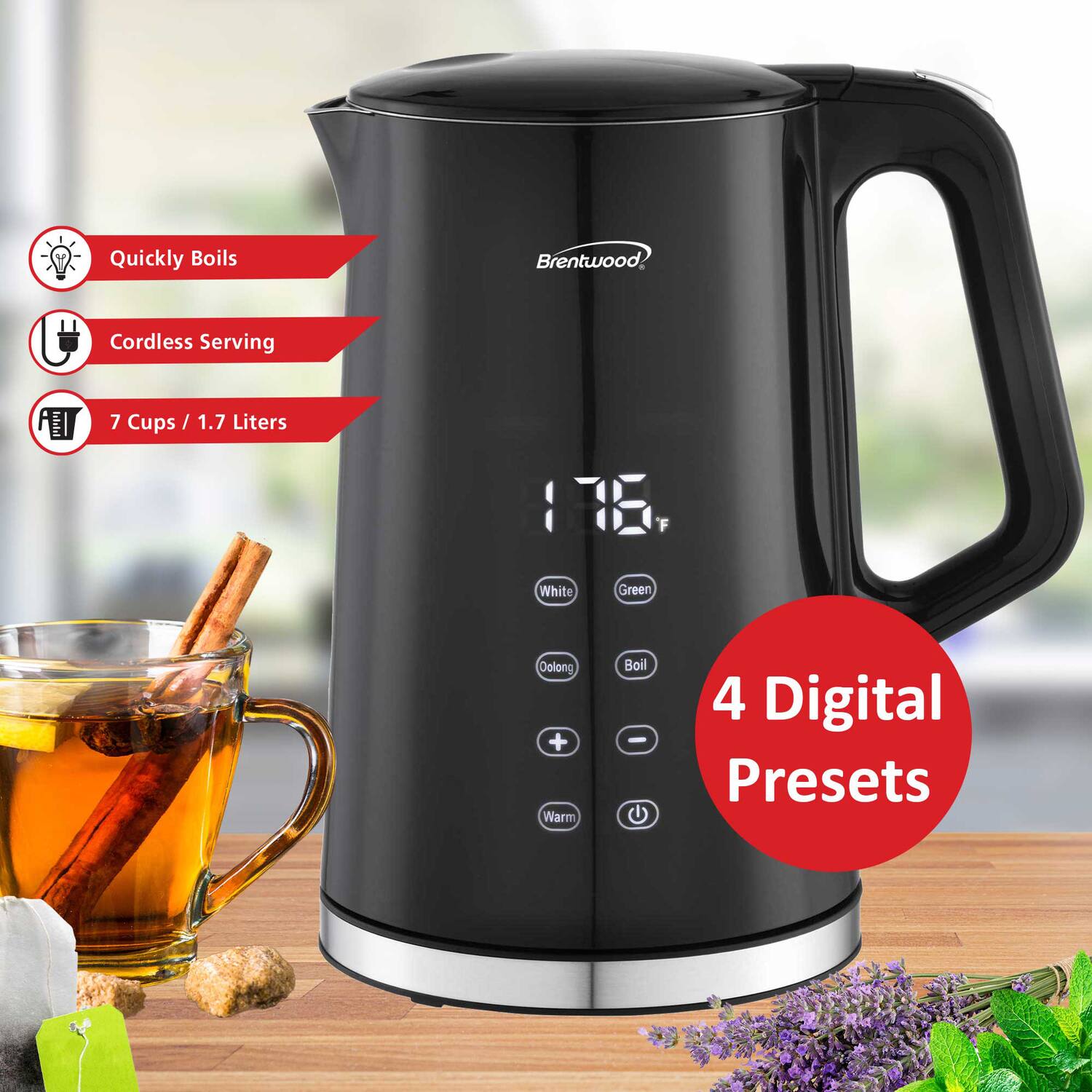 - Quickly Boils
- Cordless Serving
- 7 Cups / 1.7 Liters
- 4 Digital Presets
- White
- Green
- Oolong
- Boil
- Warm
