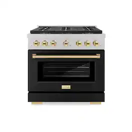 ZLINE - Autograph 36 in. 5.2 cu. ft. Freestanding Paramount Gas DuoPro Range in Satin Steel with Black Door and Gold Accents - Black Matte
