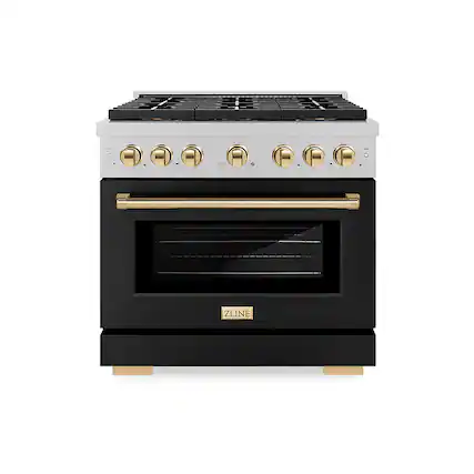 Front. ZLINE - 36 in. Wide 6 Burner Autograph 5.2 cu. ft. Freestanding Paramount Gas DuoPro Range with Black Door and Gold Accents - Black Matte.