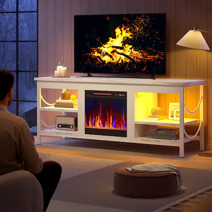 Front. Pinmoco - Pinmoco - 55 Inch Electric Fireplace TV Stand Fits TVs up to 65 Inch Gaming TV Console with Open Storage Shelves - Marble White.