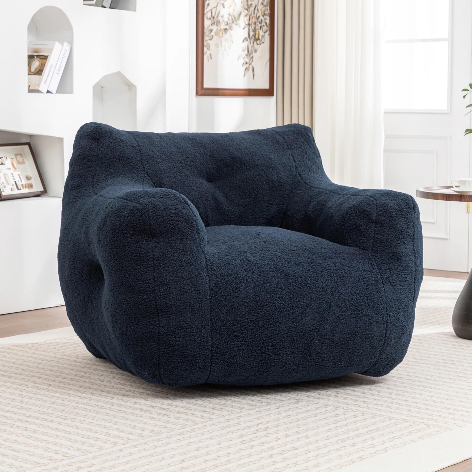 Angle. GOODSILO - Bean Bag Sofa Chair with Armrests - Stuffed High-Density Foam, Lazy Comfy Chair for Adults, Living Room, Bedroom Reading - Dark Blue.