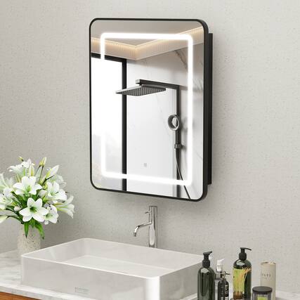 Front. LOVMOR - LOVMOR 20x30 in. Surface Mount Silver Steel Tempered Glass Medicine Cabinet with Soft Close Mirror Door - Silver.