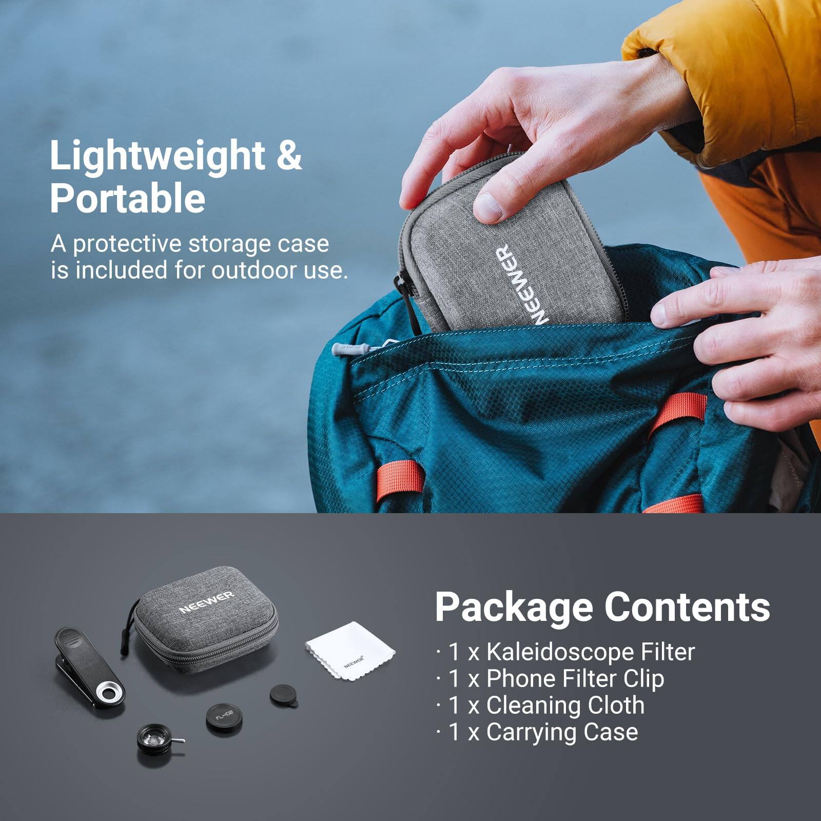 Lightweight & Portable  
A protective storage case is included for outdoor use.

Package Contents  
1 x Kaleidoscope Filter  
1 x Phone Filter Clip  
1 x Cleaning Cloth  
1 x Carrying Case