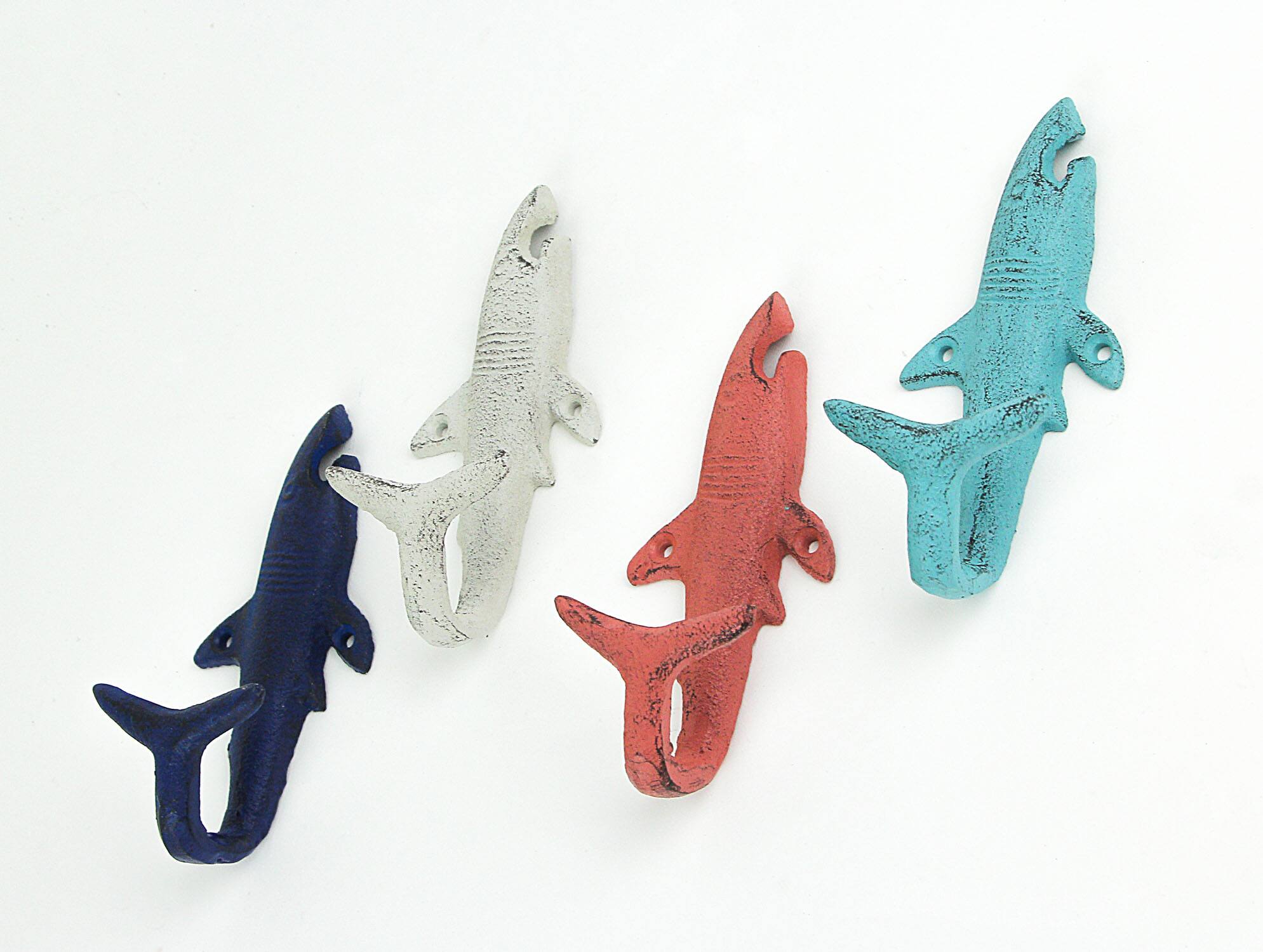 Alt View 1. Zeckos - 4 Piece Distressed Finish Cast Iron Shark Wall Hook Set Coastal Beach Colors - Multicolored.