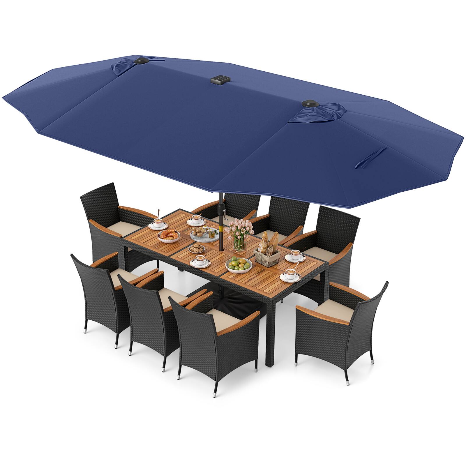 Alt View 4. Gymax - Gymax Set Of 11 Patio Dining Set w/ 15ft Double-Sided Patio Umbrella (Base Included) Navy - Navy.