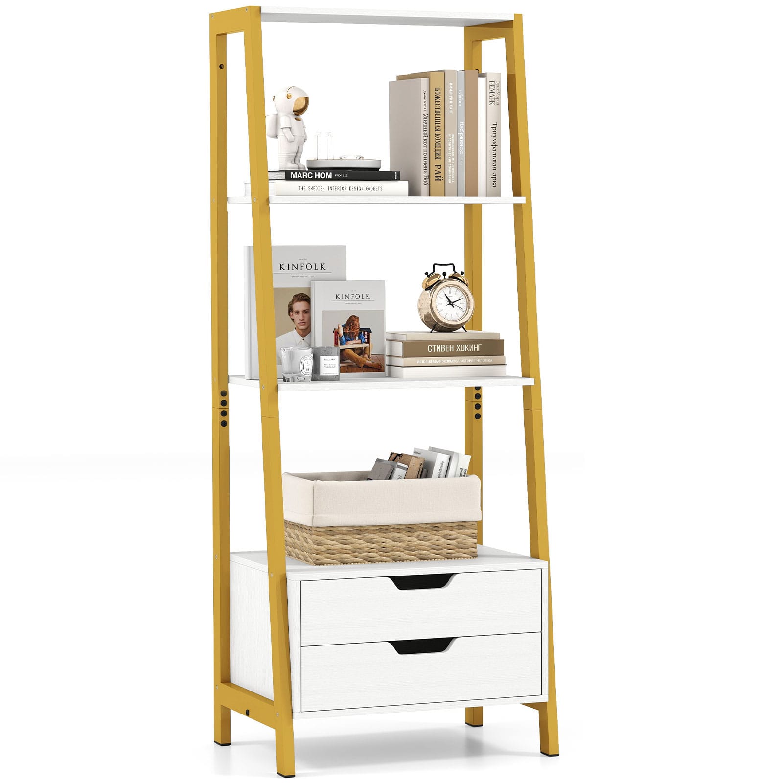 Gymax - 4-tier Bookshelf w/ 2 Storage Drawers Sturdy Metal Frame Anti-toppling Devices White - White, Gold