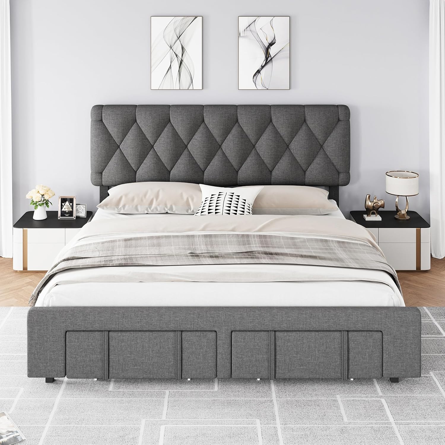 Angle. Acekool - Full Size Upholstered Platform Bed Frame with Storage Drawers & Charging Headboard, No Box Spring Needed, Grey - Grey.
