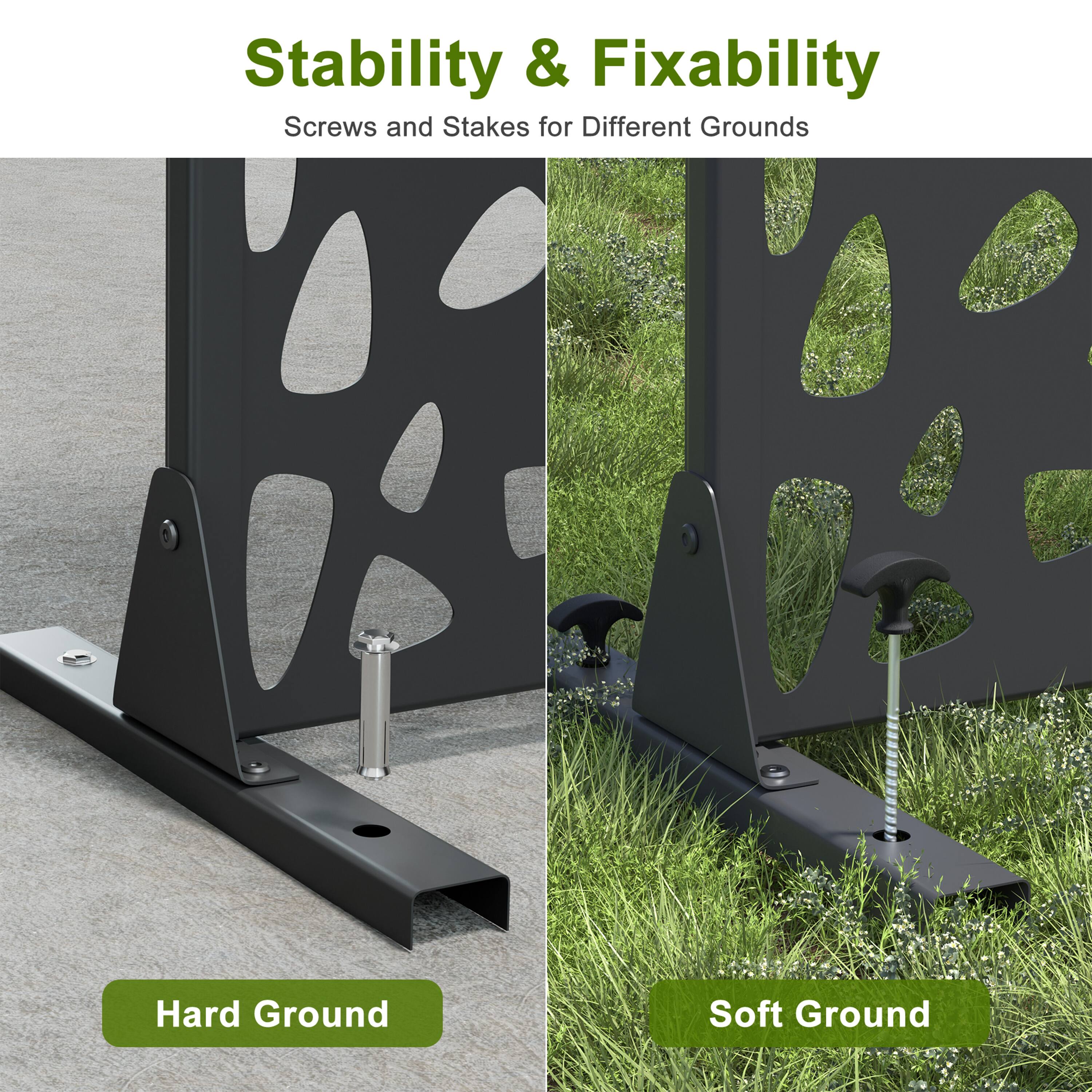 Stability & Fixability  
Screws and Stakes for Different Grounds  

Hard Ground  
Soft Ground
