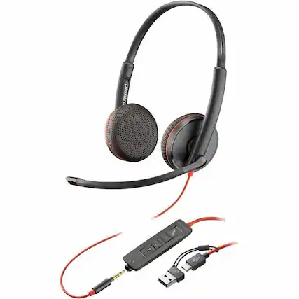 Front. HP - Poly Blackwire 3225 Stereo USB-C Headset + 3.5mm Plug + USB-C/A Adapter - Stereo - USB Type C, Mini-phone (3.5mm) - Wire - Black.