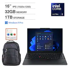 Lenovo - ThinkPad E16 21SR007CUS Laptop 16.0 Touch WUXGA (Ultra 5-225U, 32GB RAM, 1TB SSD, Win 11 Pro) w/Backpack, Office 365 - Black