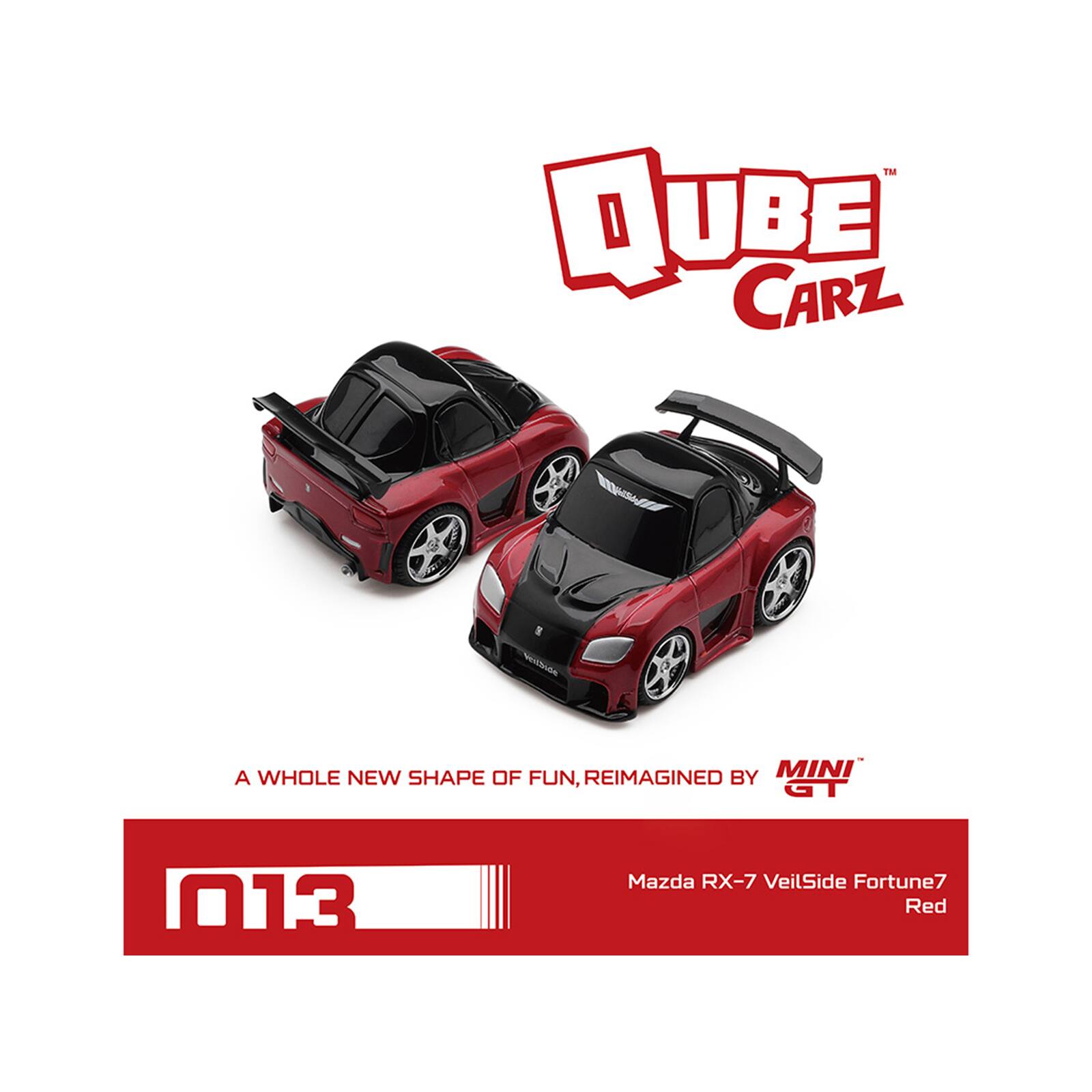 QUBE CARZ  
A WHOLE NEW SHAPE OF FUN, REIMAGINED BY MINI GT  
013  
Mazda RX-7 VeilSide Fortune7 Red