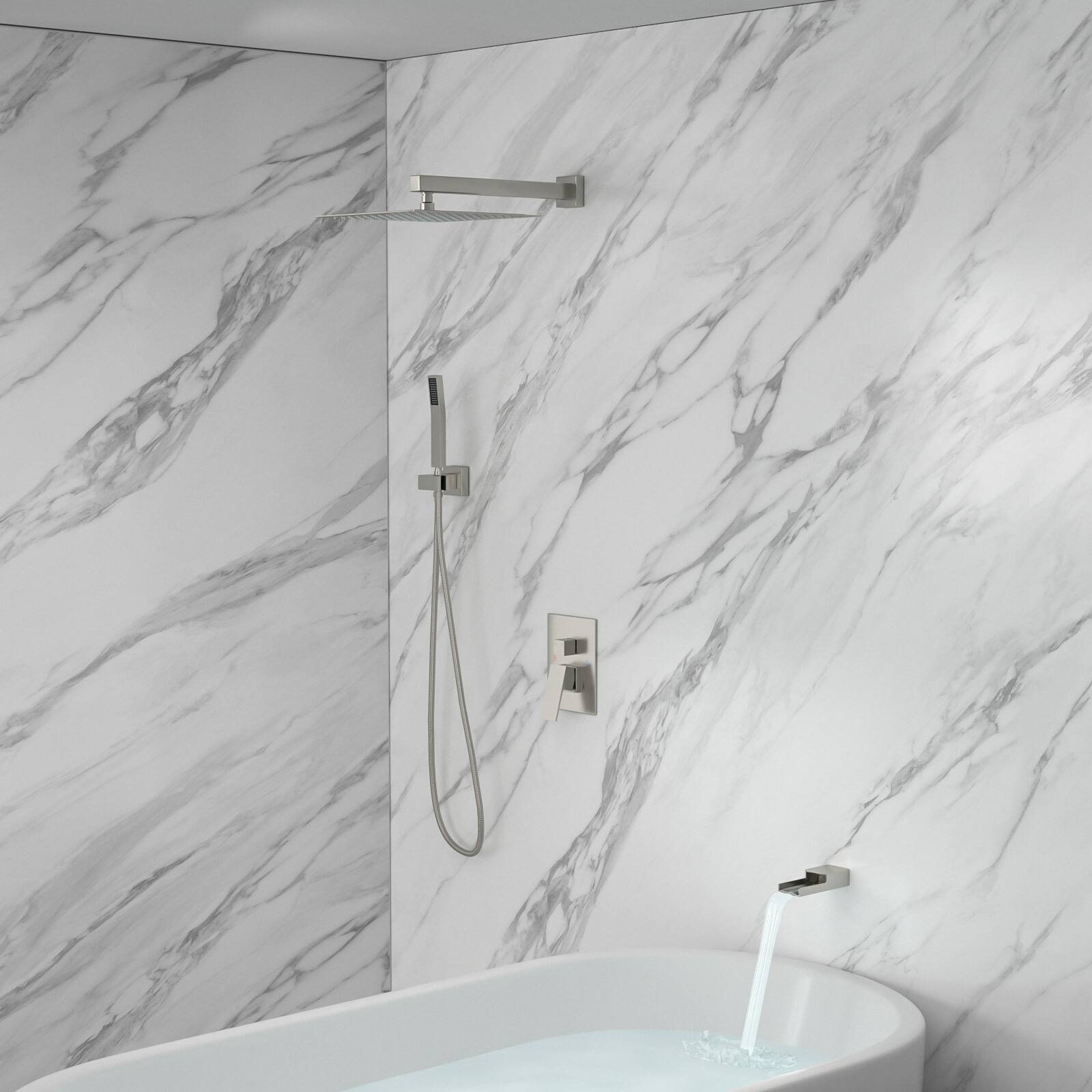 Left. Lordear - Shower System with Waterfall Tub Spout,12 Inch Wall Mounted Square Shower System with Rough-in Valve,Brushed Nickel - Brushed Nickel.