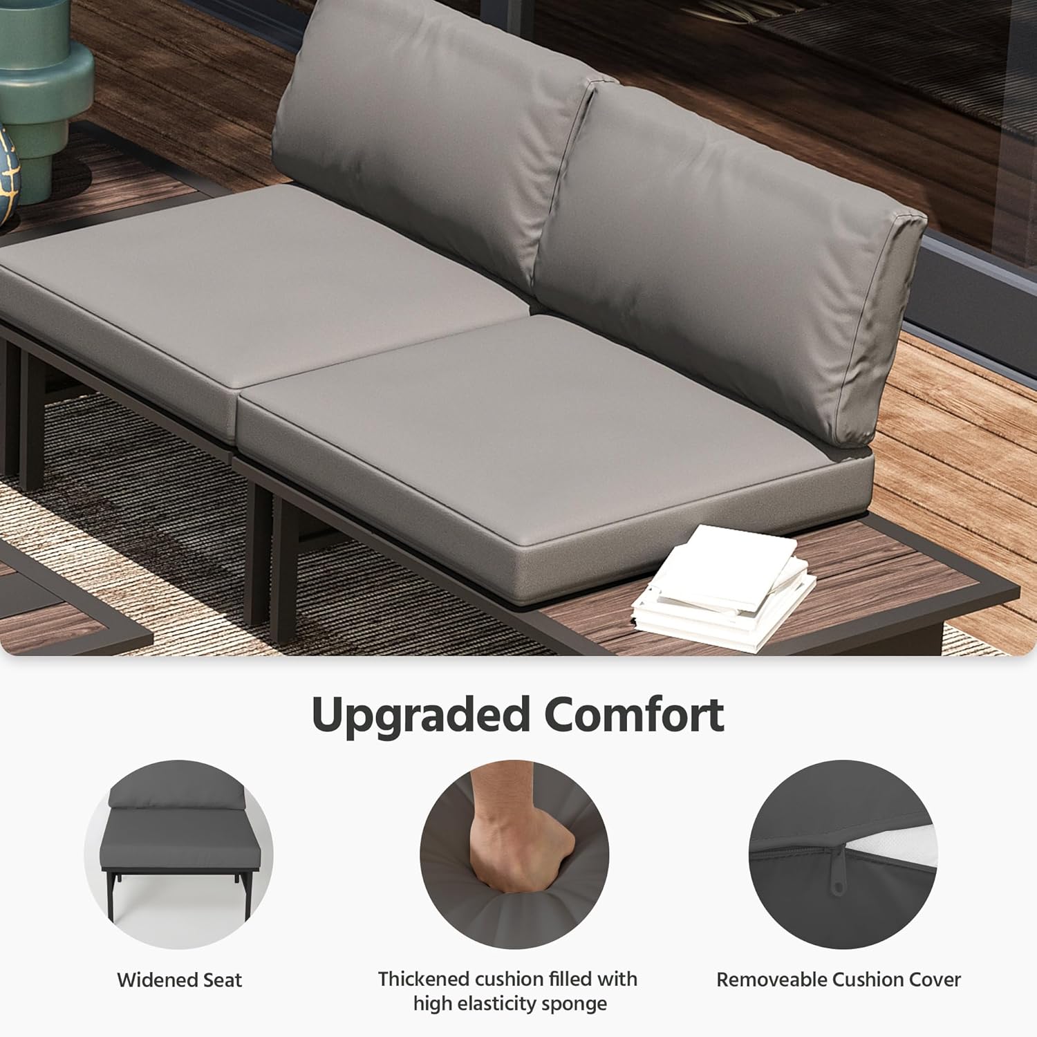 Upgraded Comfort  
- Widened Seat  
- Thickened cushion filled with high elasticity sponge  
- Removable Cushion Cover