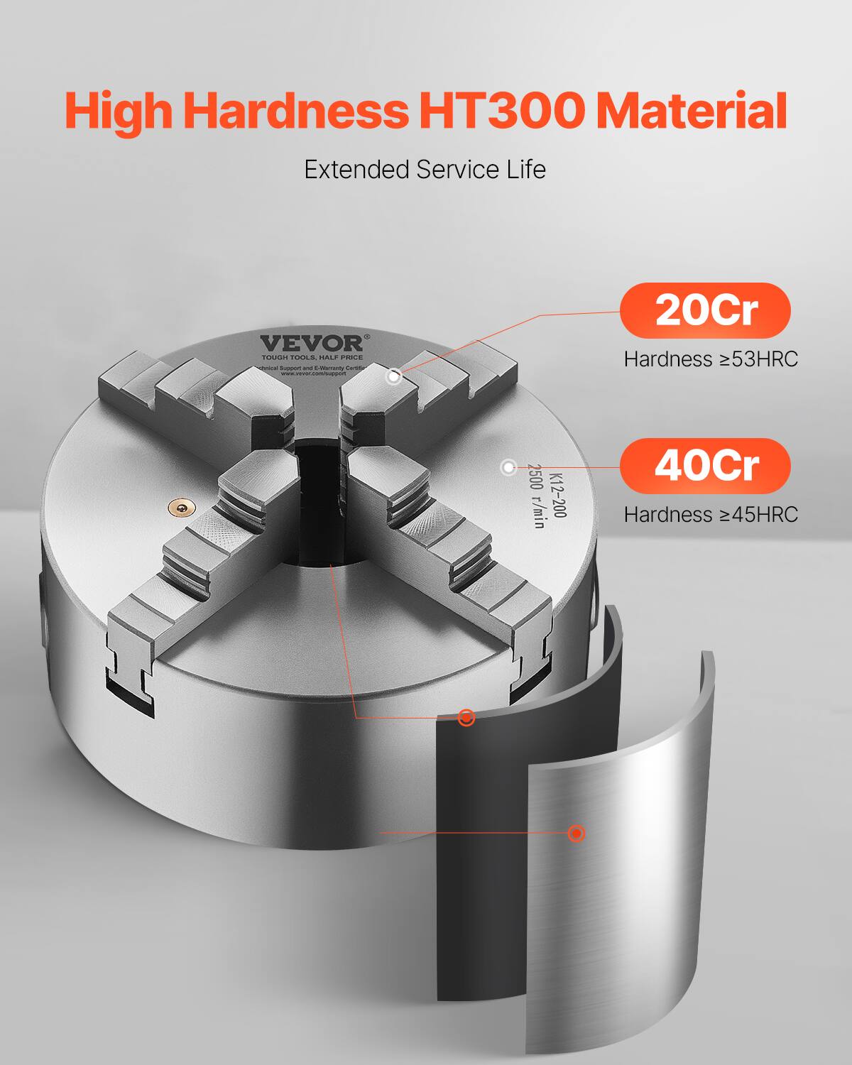 High Hardness HT300 Material Extended Service Life  
VEVOR  
20Cr Hardness >53HRC  
40Cr Hardness >45HRC