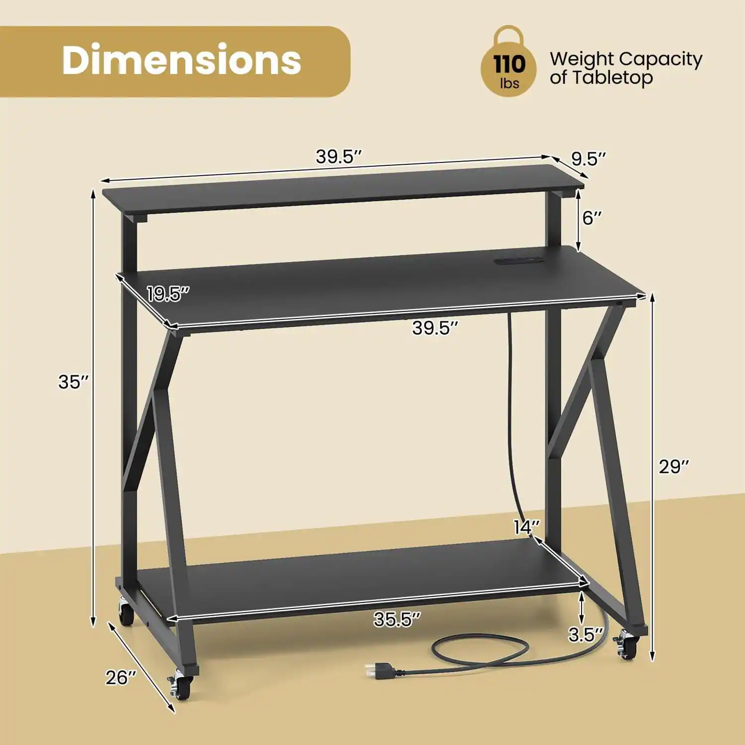Dimensions:
- Length: 39.5"
- Width: 19.5"
- Height: 35"
- Shelf Height: 29"
- Shelf Length: 35.5"
- Shelf Width: 14"
- Shelf Depth: 3.5"
- Overall Width: 26"

Weight Capacity of Tabletop: 110 lbs