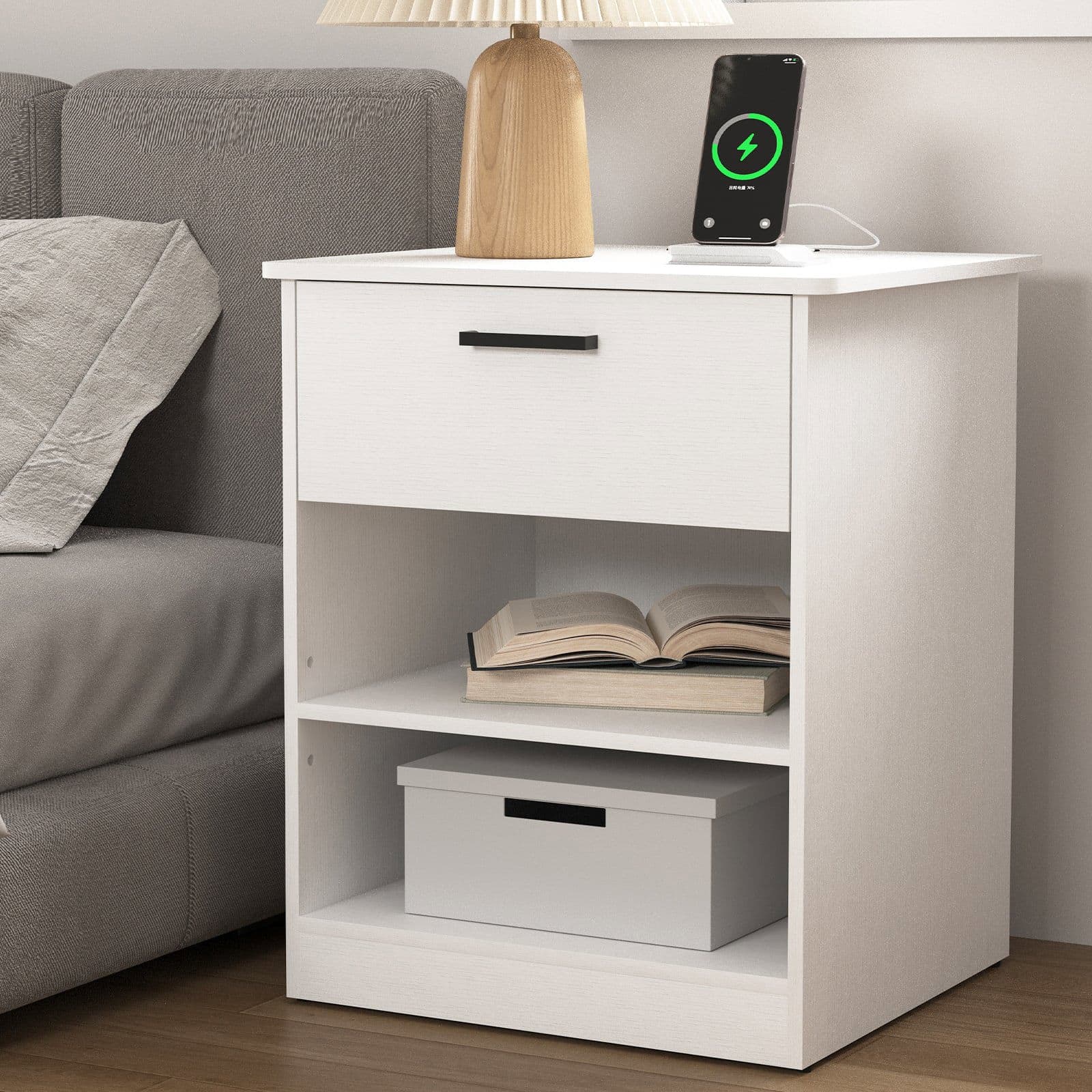 Kadyn - Wood Nightstand With Charging Station, Bedside Table With Wood Drawers And Open Shelf, Bedroom - White