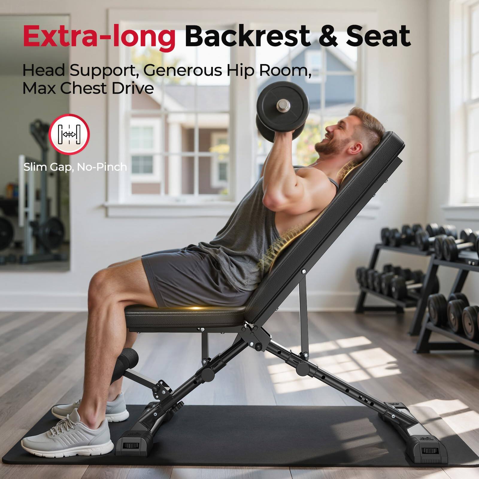 Extra-long Backrest & Seat  
Head Support, Generous Hip Room, Max Chest Drive  
Slim Gap, No-Pinch