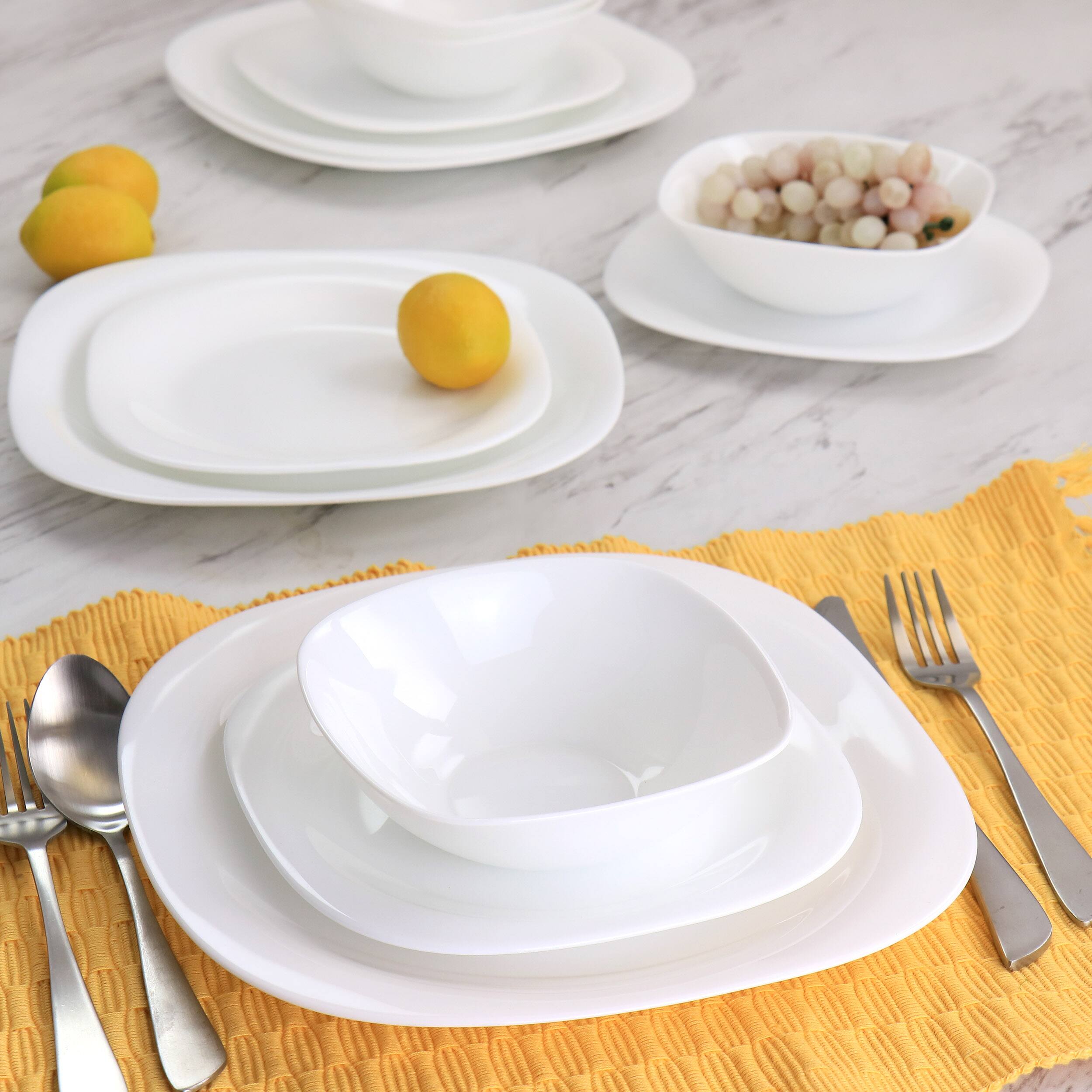 Alt View 7. Gibson - Gibson Ultra Piazza 18 Piece Soft Square Tempered Opal Glass Dinnerware Set in White - White.