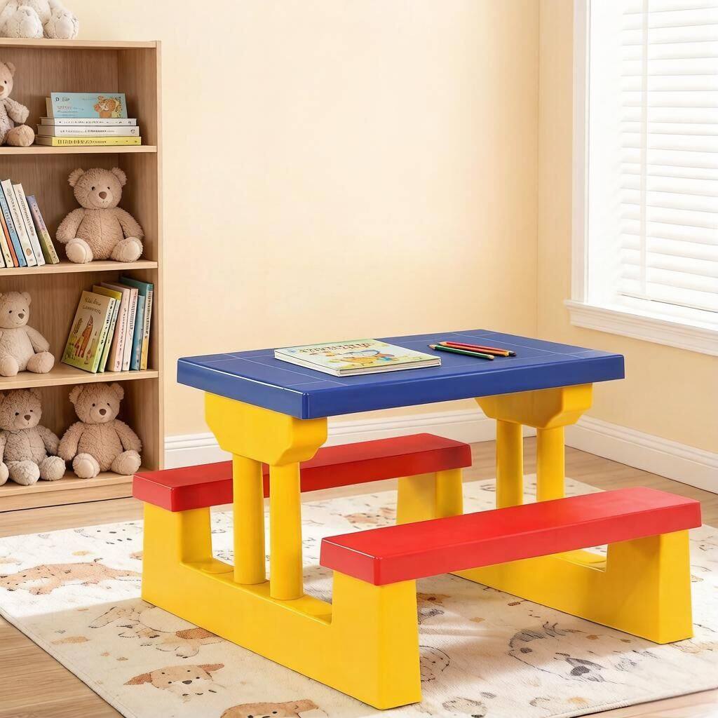 Angle. Costway - Costway 4 Seat Kids Picnic Table with Umbrella Garden Children Bench Outdoor PP - Green,Red,Blue.