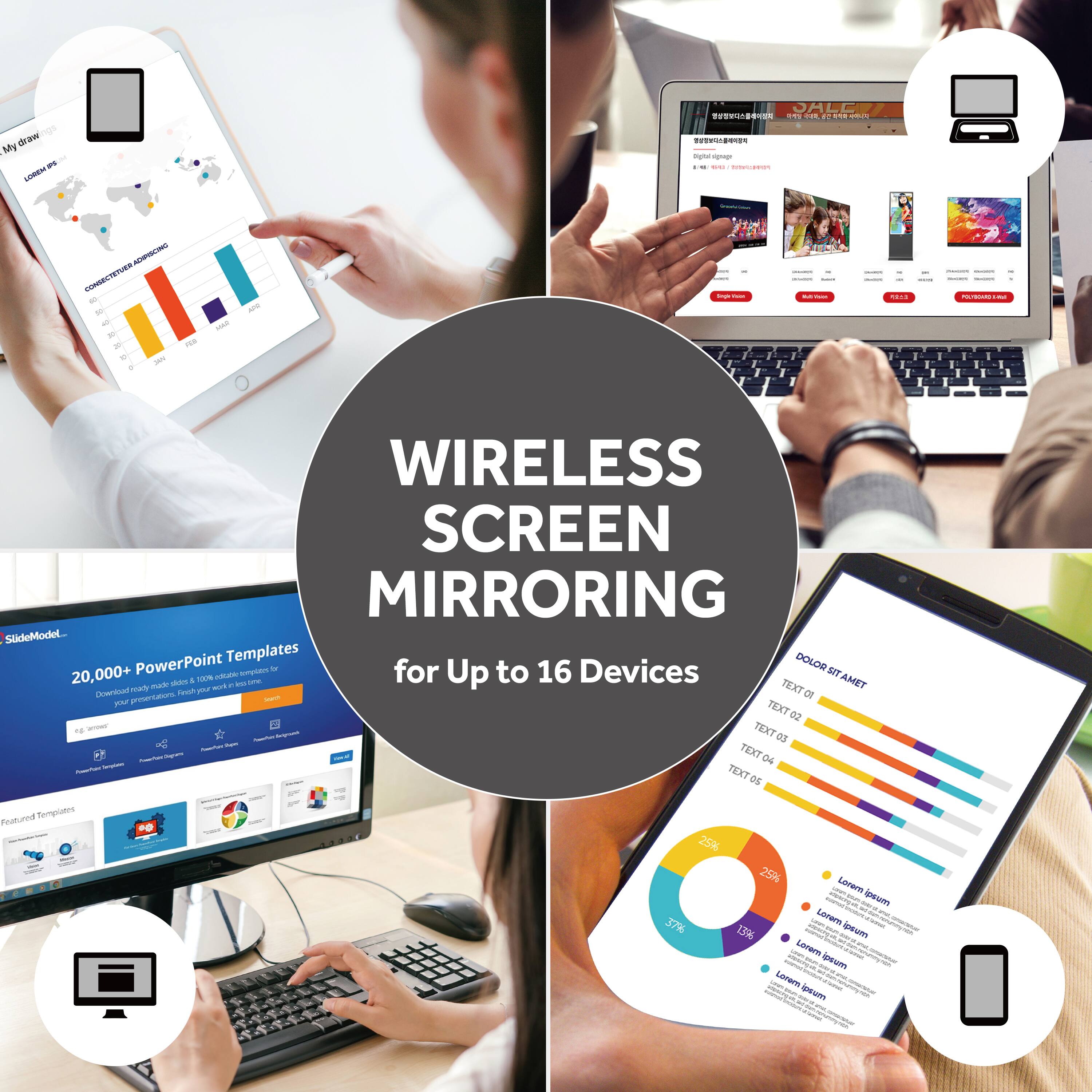 Sure, here is the corrected and grouped text from the image:

---

**Wireless Screen Mirroring**

**for Up to 16 Devices**

---

**SlideModel**

**20,000+ PowerPoint Templates**

**Download ready-made, 100% editable templates for your next presentation.**

---

**Lorem Ipsum**

**Dolor sit amet**

**Text 01**

**Text 02**

**Text 03**

**Text 04**

**Text 05**

**25%**

**37%**

**25%**

**10%**

**Lorem ipsum dolor sit amet, consectetur adipiscing elit.**

**Lorem ipsum dolor sit amet, consectetur adipiscing elit.**

**Lorem ipsum dolor sit amet, consectetur adipiscing elit.**

**Lorem ipsum dolor sit amet, consectetur adipiscing elit.**

**Lorem ipsum dolor sit amet, consectetur adipiscing elit.**

---

**My draw**

**LOEN SALC**

**COOL UE**

**CONMECTETUEN**

---

**Lorem Ipsum**

**Dolor sit amet**

**Text 01**

**Text 02**

**Text 03**

**Text 04**

**Text 05**

**25%**

**